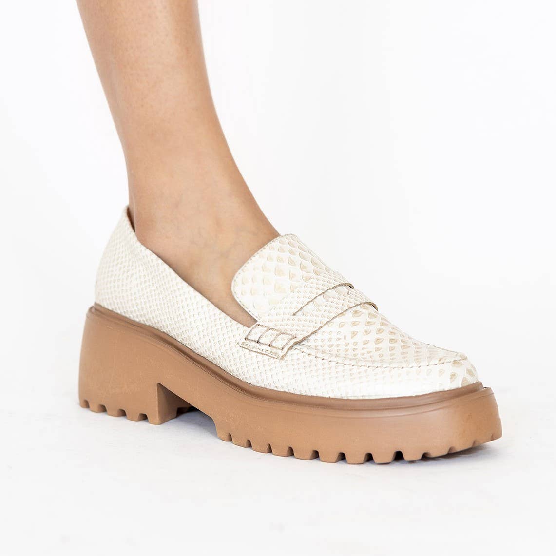 Cher platform loafer in ivory & gold finish embossed leather