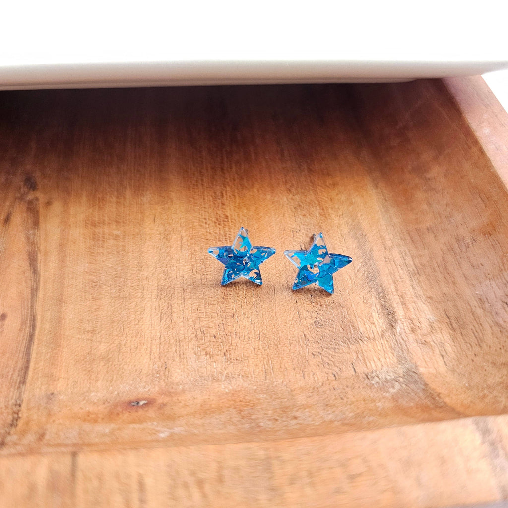 Blue Glitter Star Studs