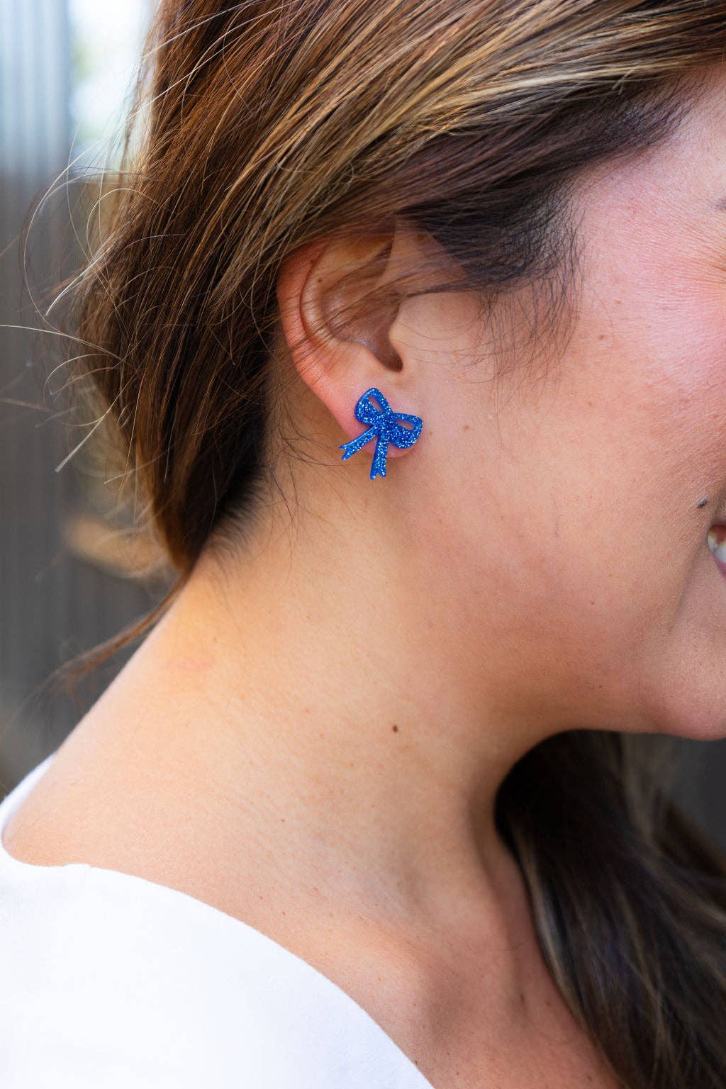 Blue Glitter Bow Studs