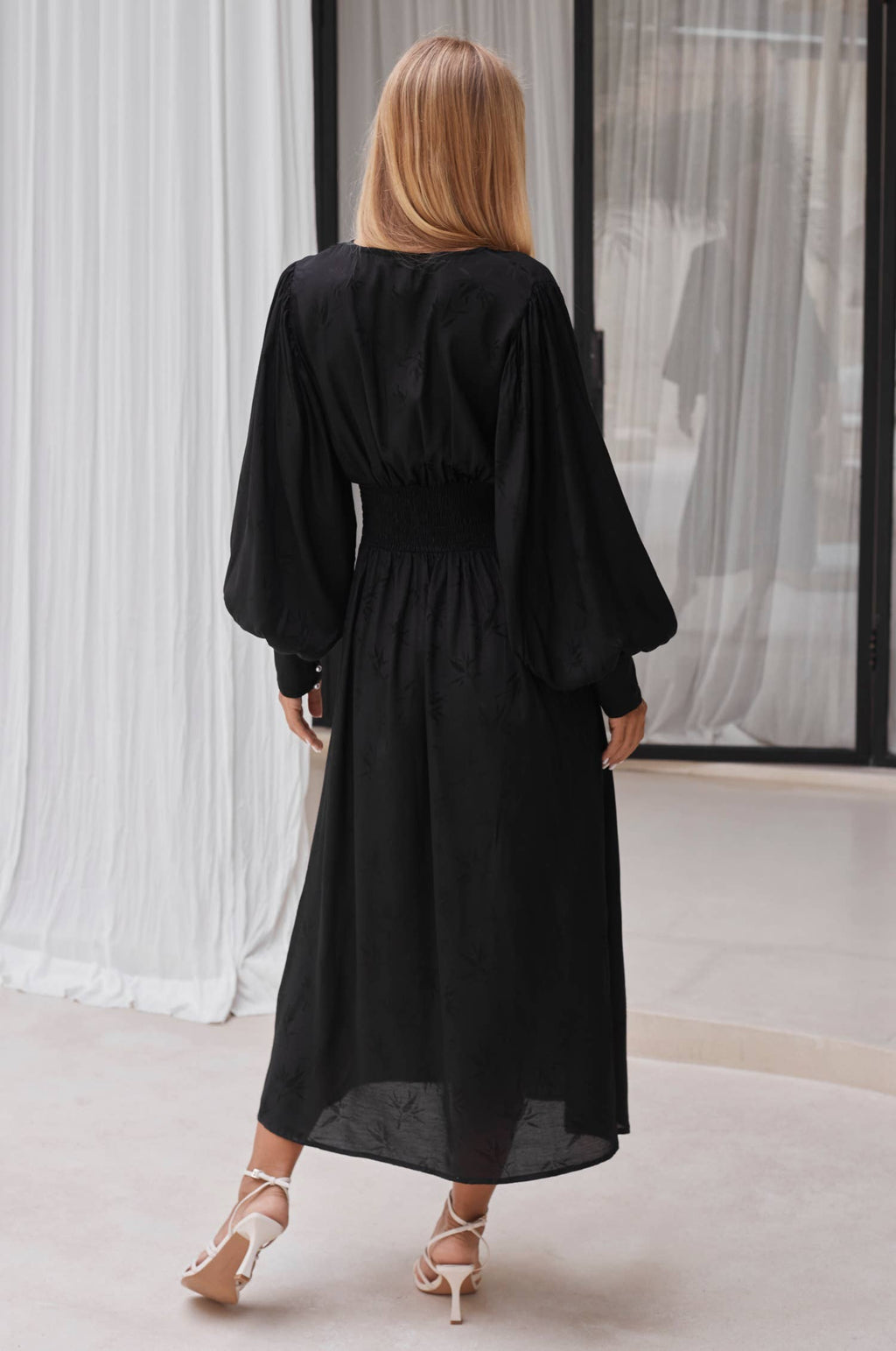 Juliette Button Down Long Sleeve Midi Dress -  Pearl Black