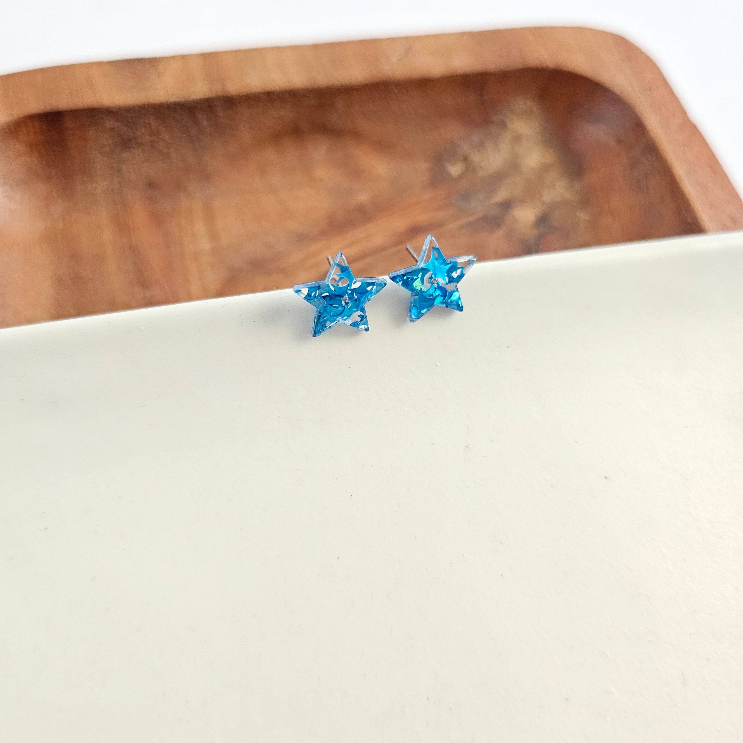 Blue Glitter Star Studs