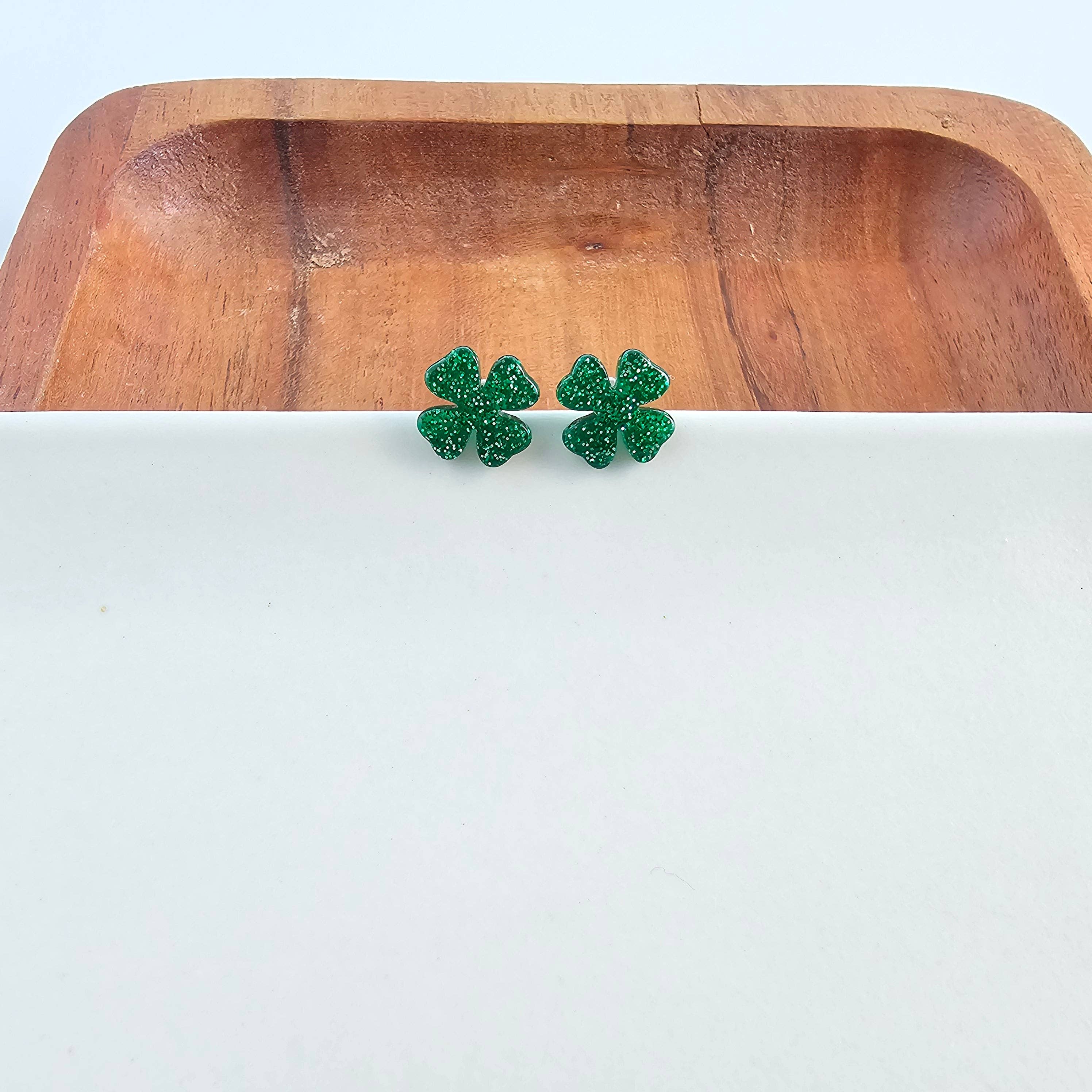 Clover Studs - Green Glitter // St Patrick's Day, Shamrock