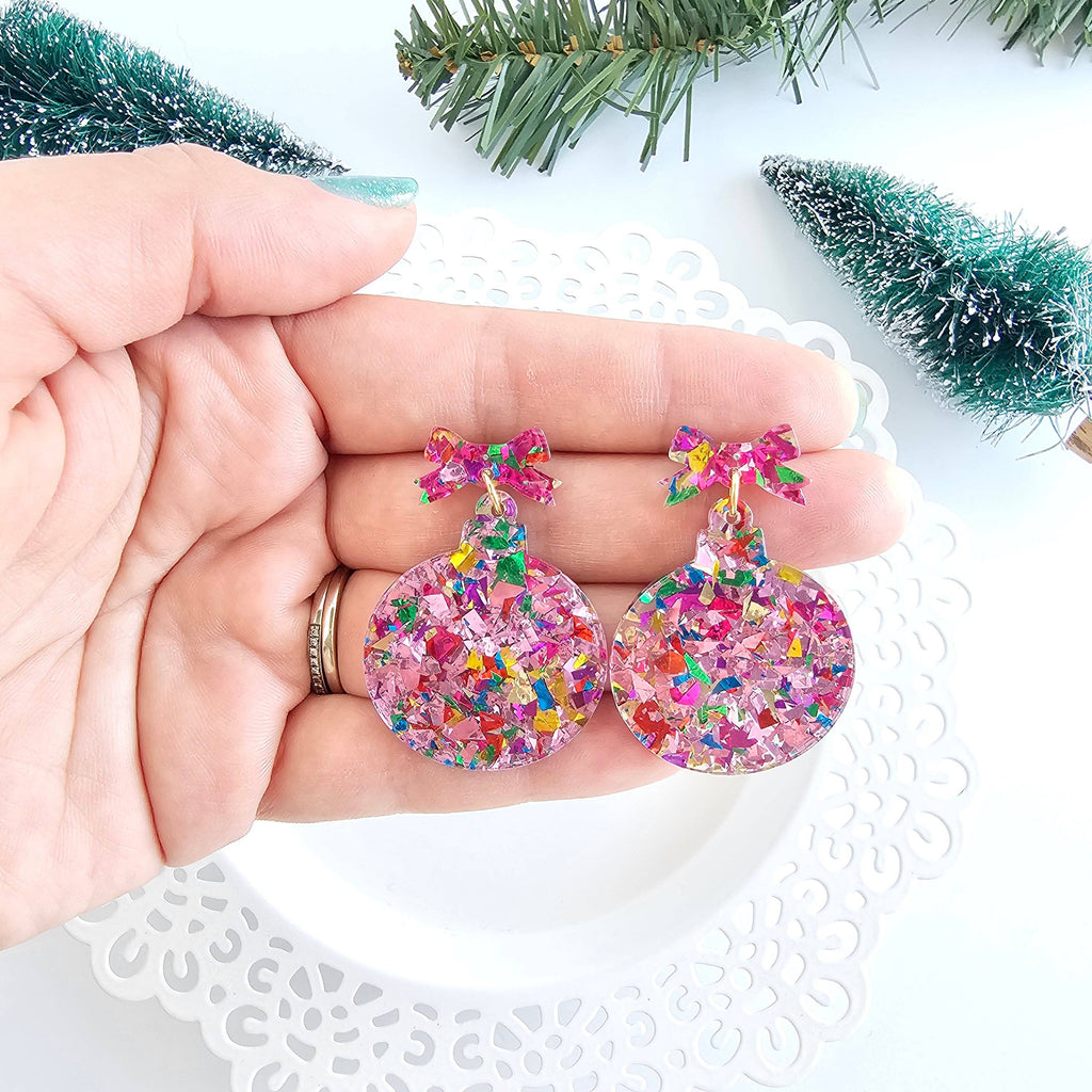 Light Pink Sparkle Christmas Ornament Earrings