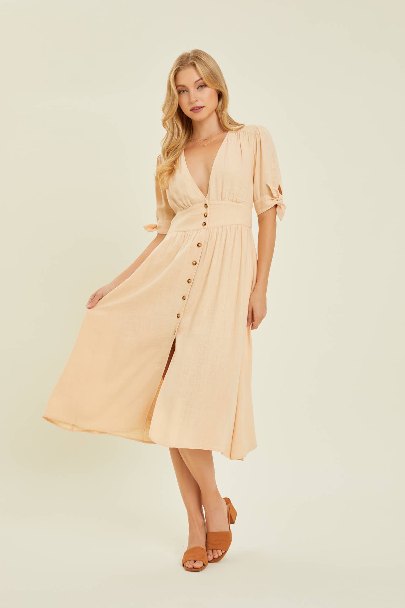 Textured Linen Button Down Midi Dress