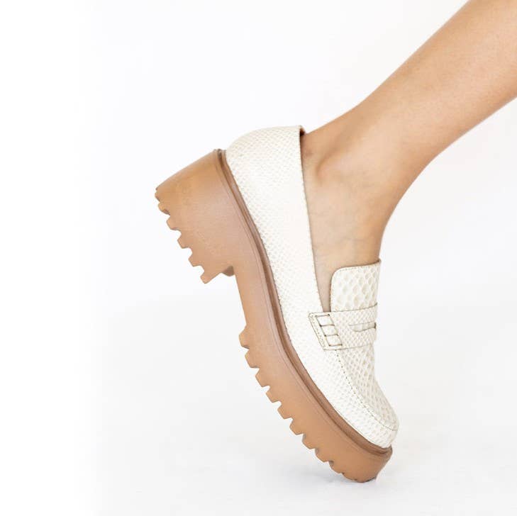 Cher platform loafer in ivory & gold finish embossed leather