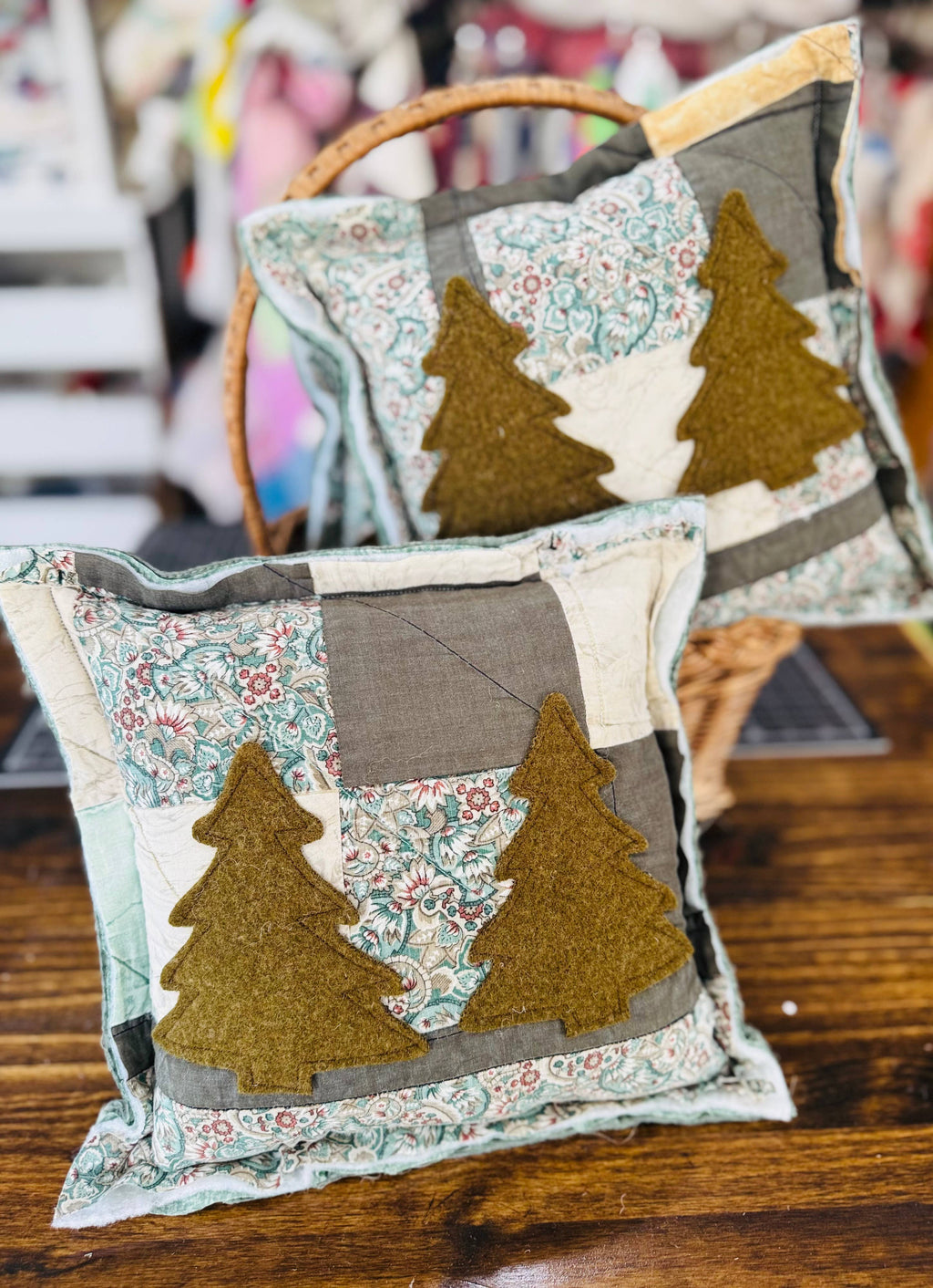 Christmas Pillow Vintage Wool Trees 12x12 Farmhouse Holiday