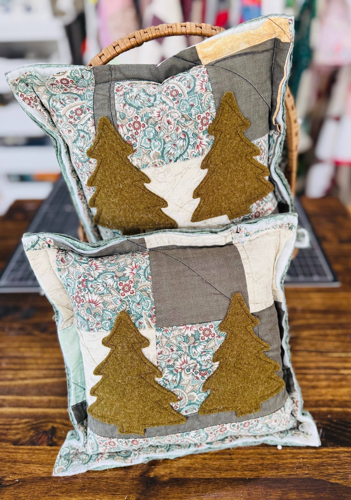 Christmas Pillow Vintage Wool Trees 12x12 Farmhouse Holiday