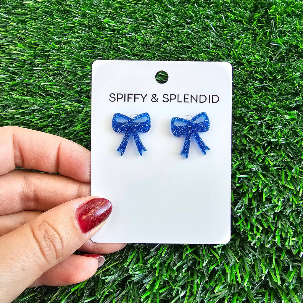Blue Glitter Bow Studs