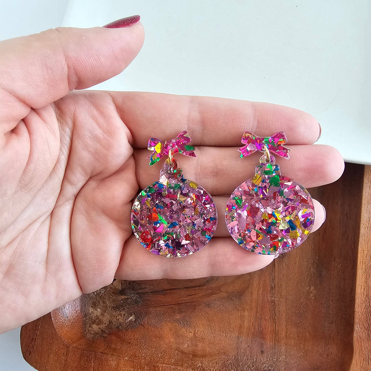 Light Pink Sparkle Christmas Ornament Earrings