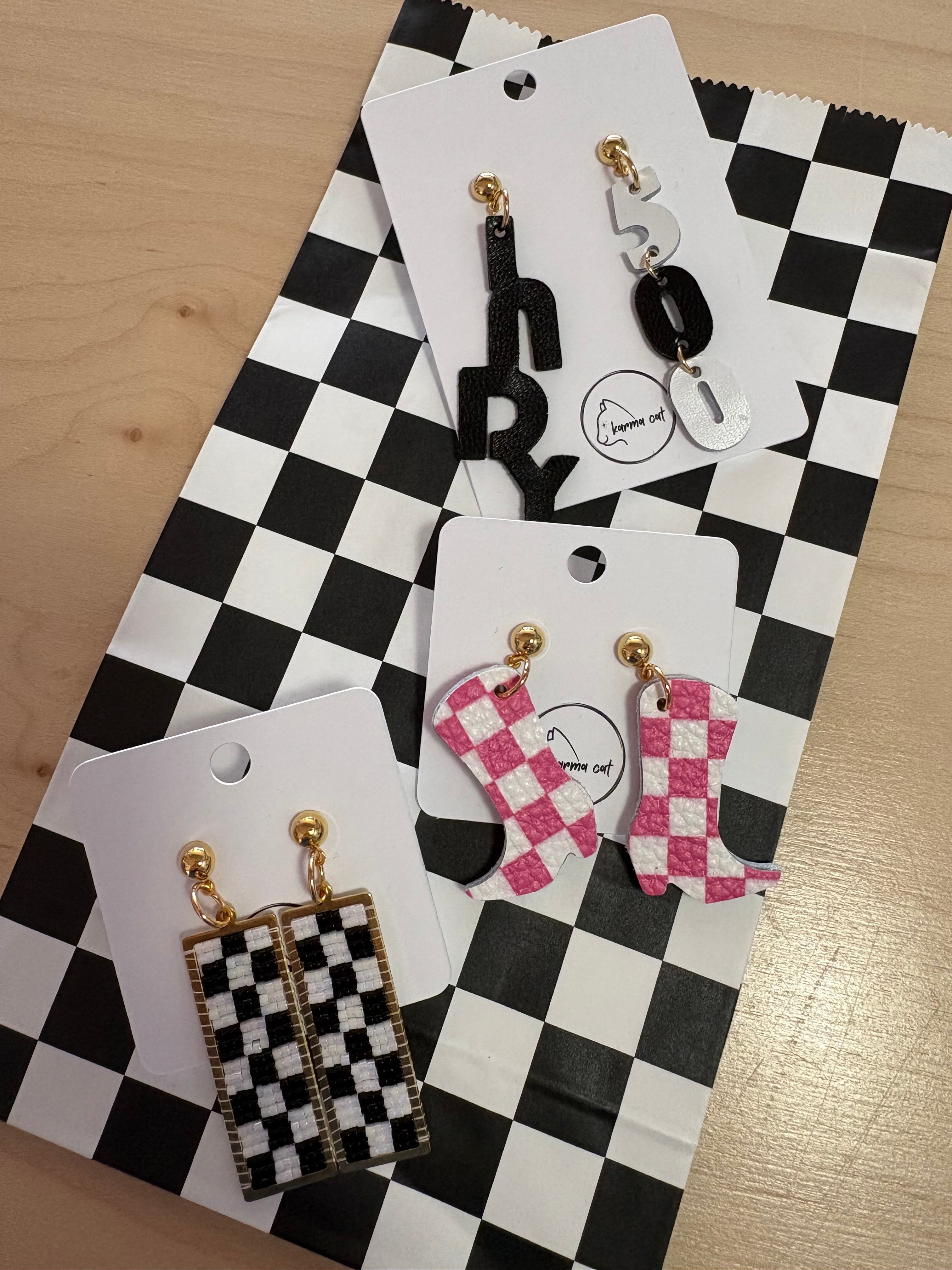 Pink Checkered Cowgirl Boot Earrings