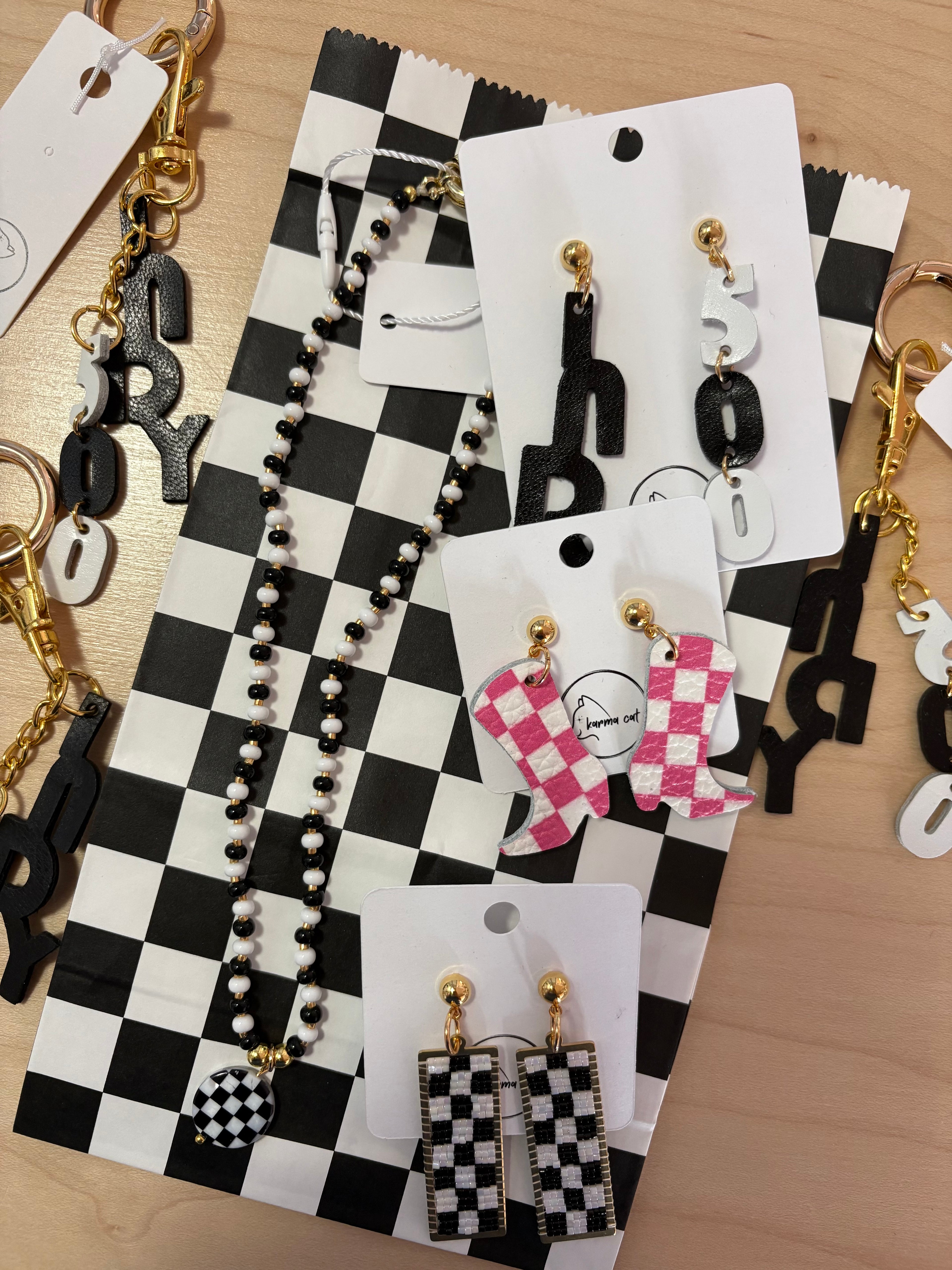 Pink Checkered Cowgirl Boot Earrings