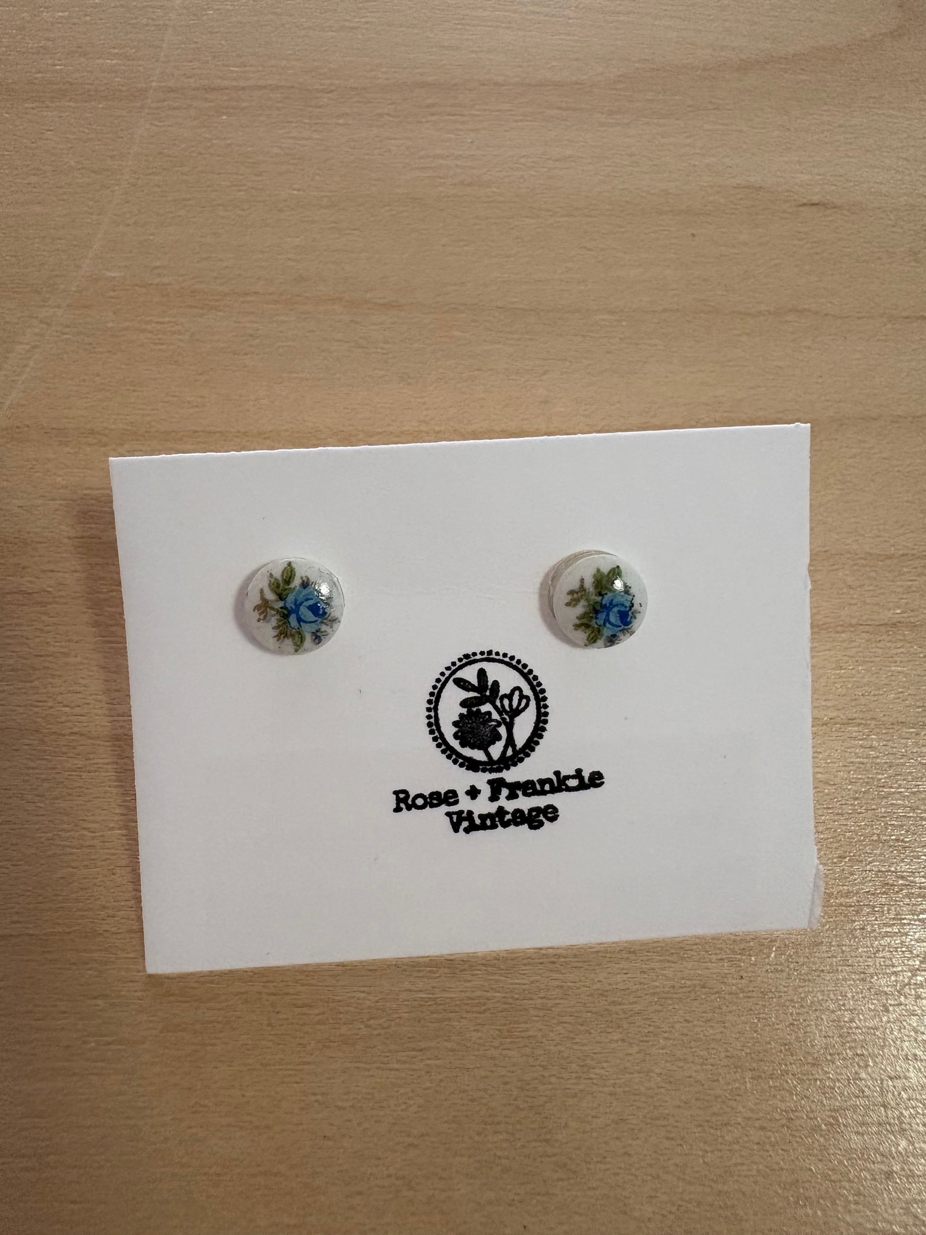 Blue Vintage Flower Charm Studs