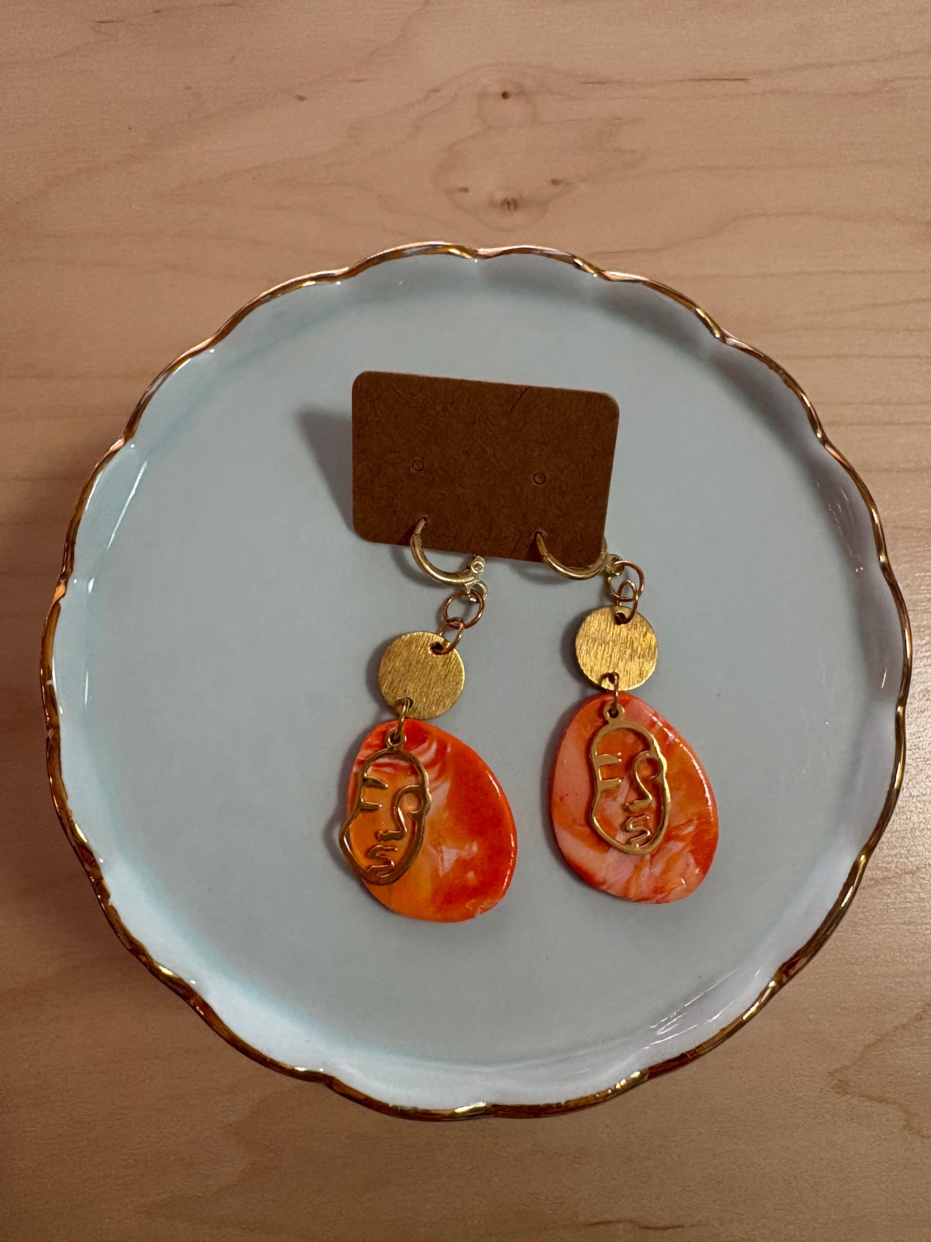 Orange Female Portrait Earrings