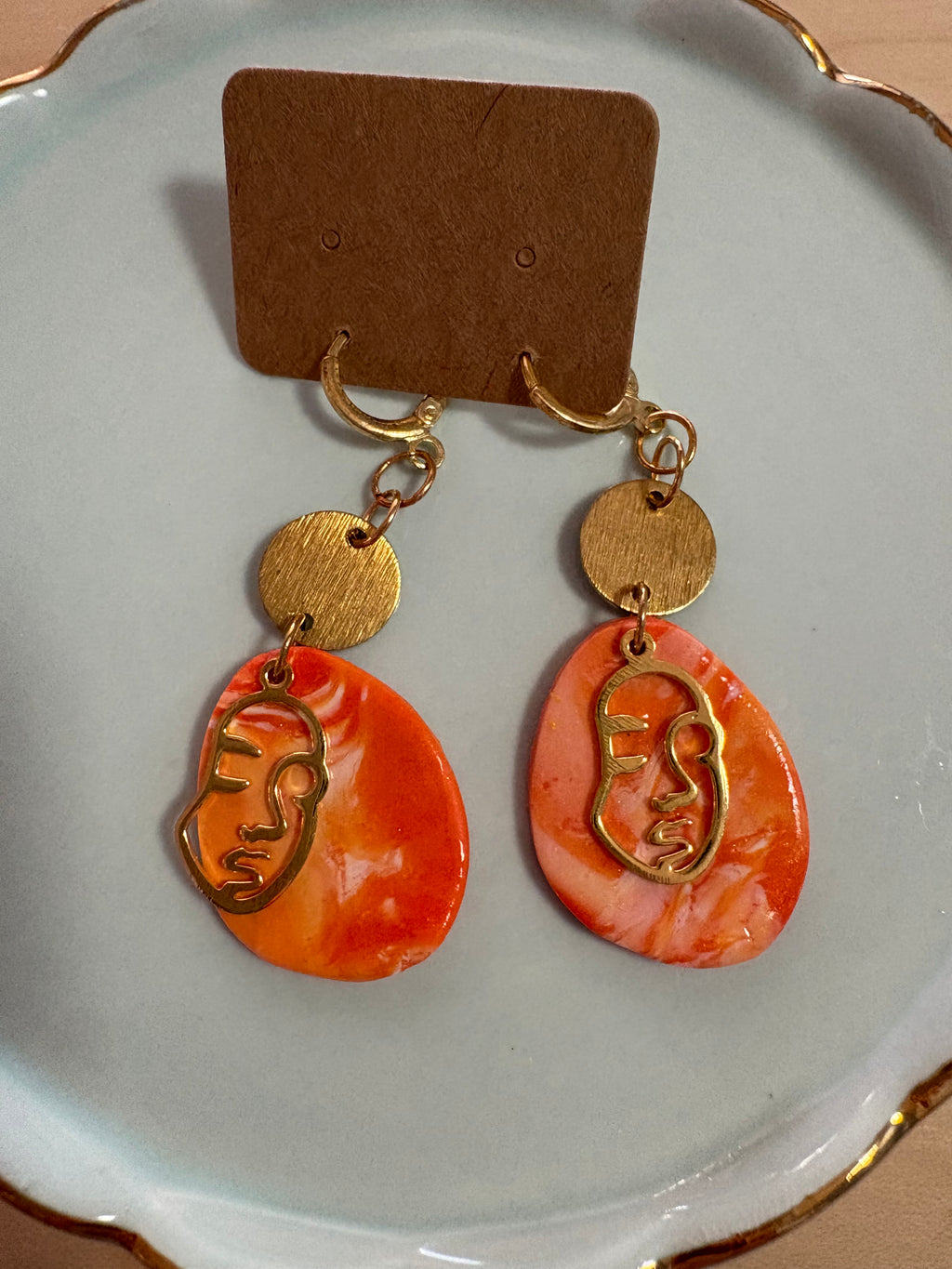 Orange Female Portrait Earrings