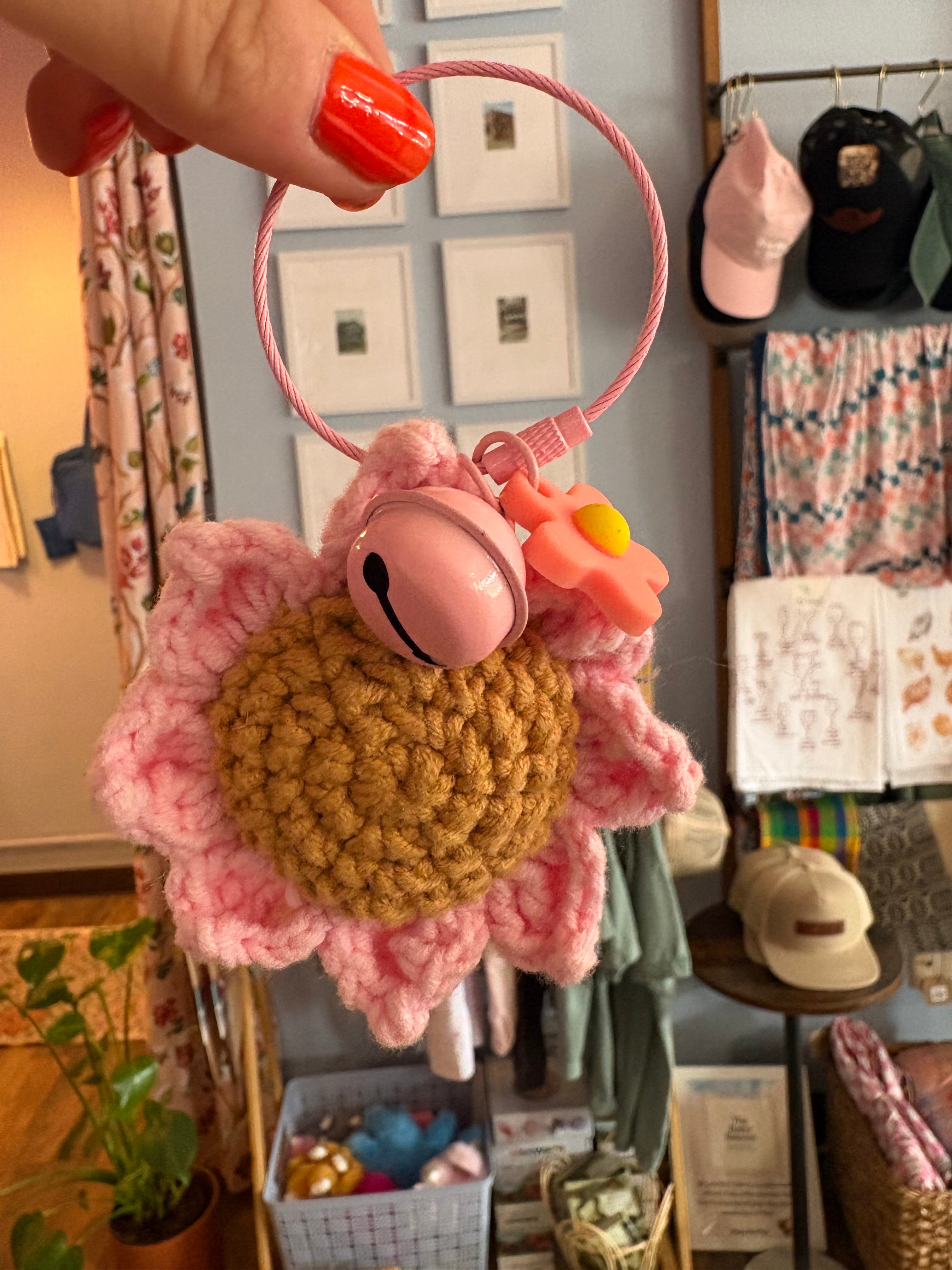 Pink Crochet Sunflower Keychain