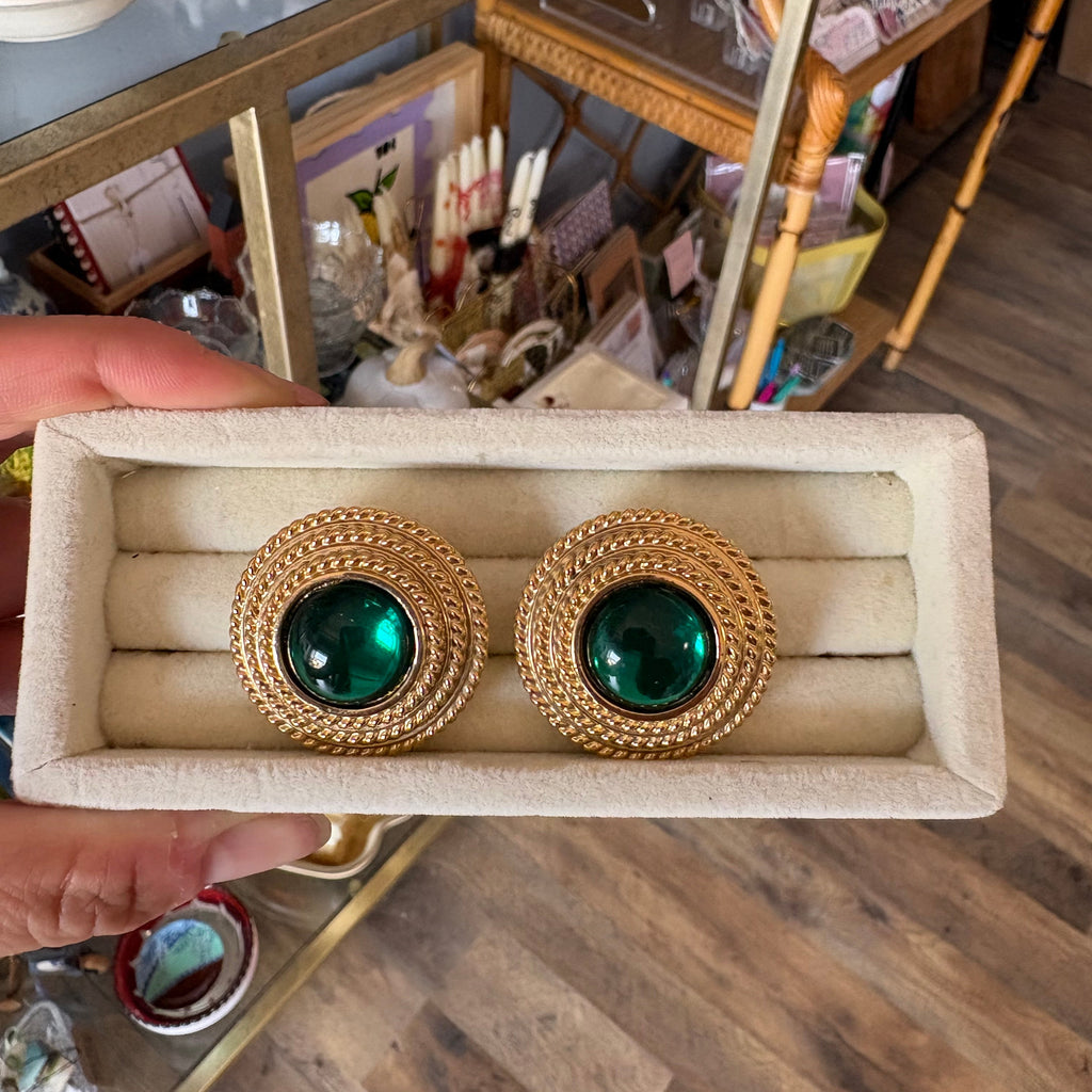 Vintage Green & Gold Clip On Earrings