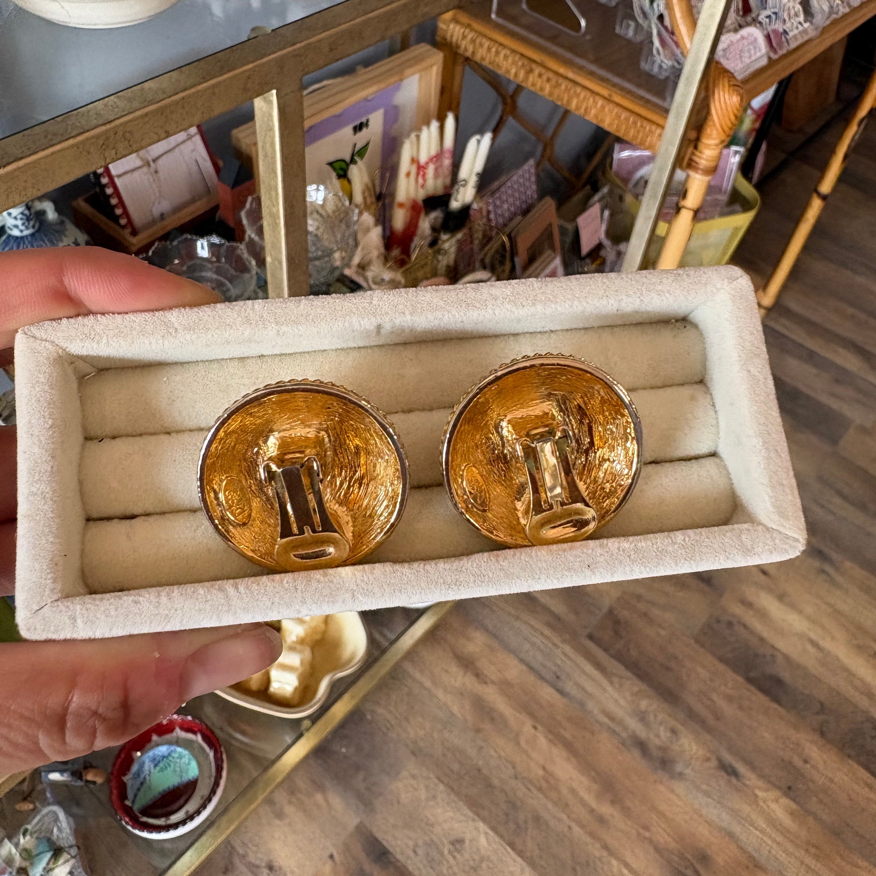 Vintage Green & Gold Clip On Earrings