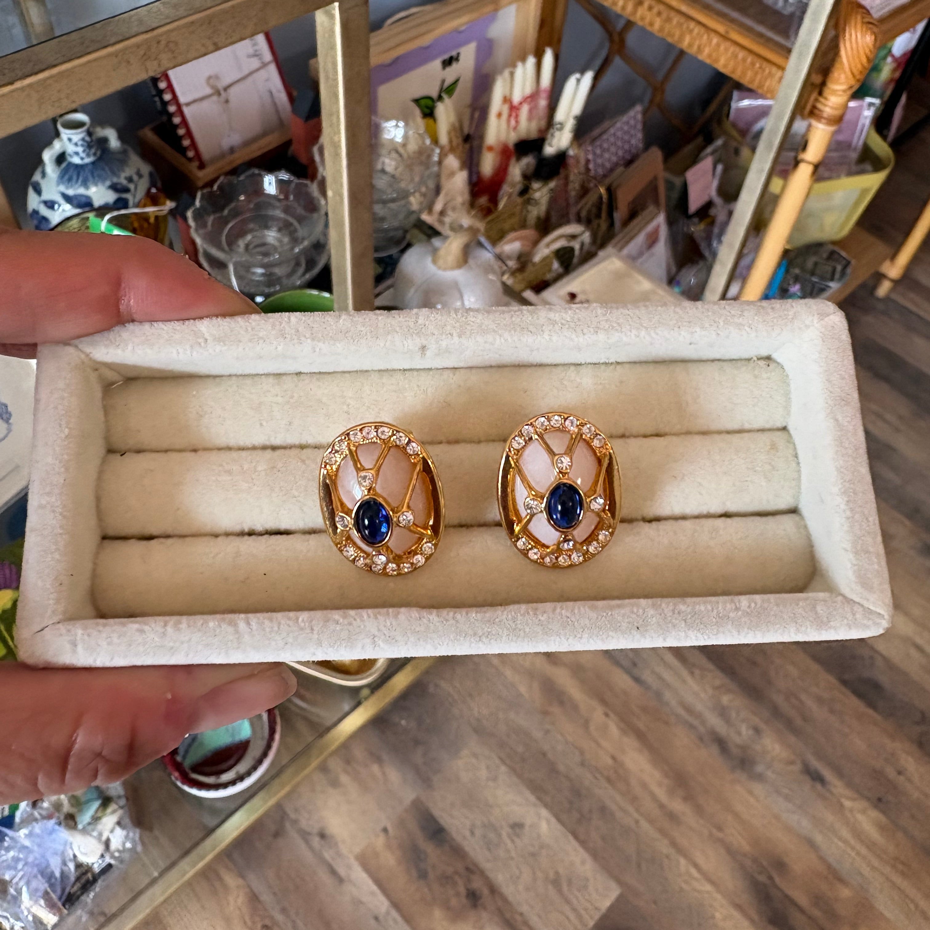 Vintage Blue & Gold Rhinestone Clip-On Earrings