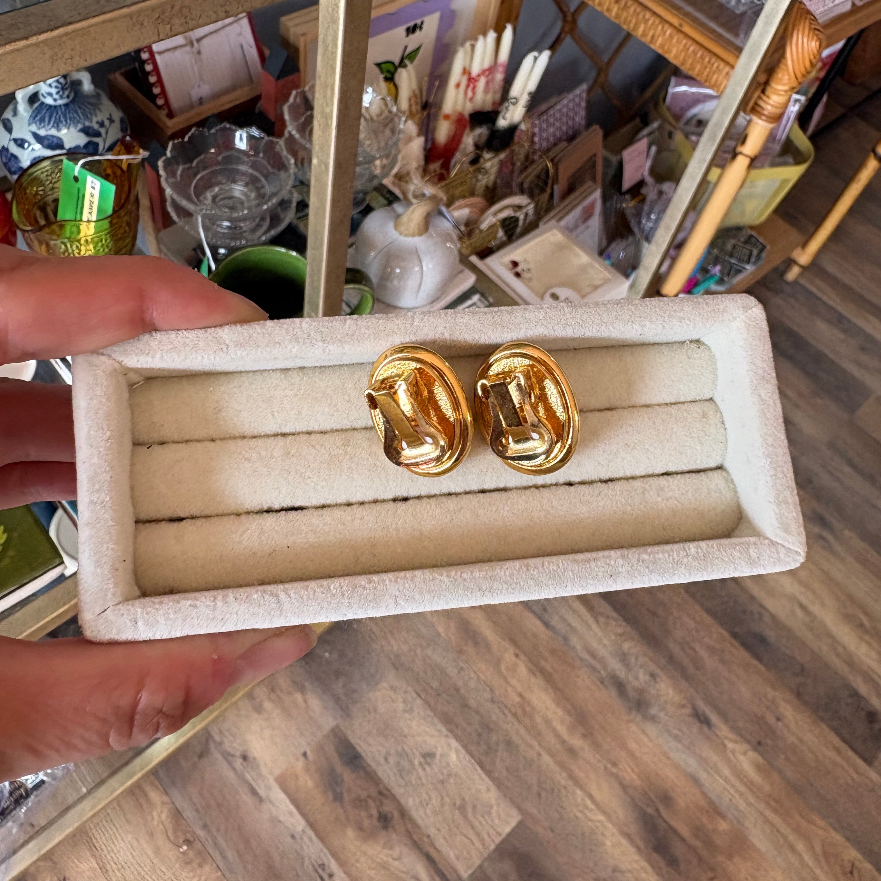 Vintage Blue & Gold Rhinestone Clip-On Earrings