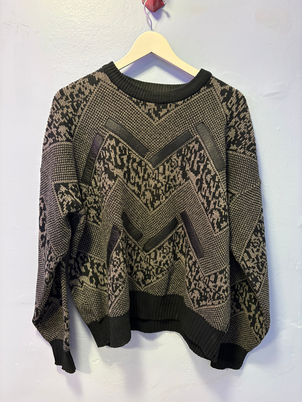 Vintage Geometric Leather Accent Sweater