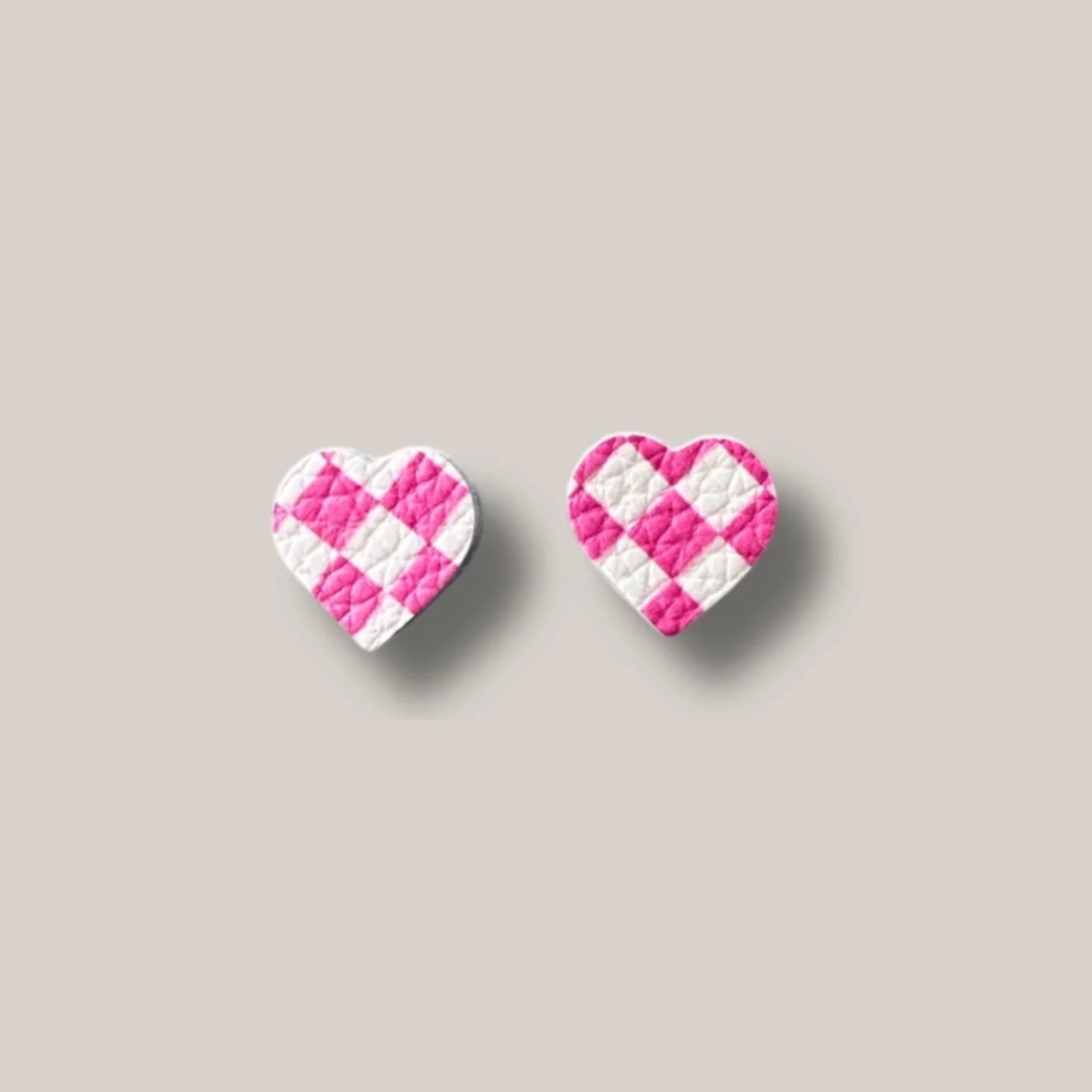 Pink & White Checkered Leather Heart Studs