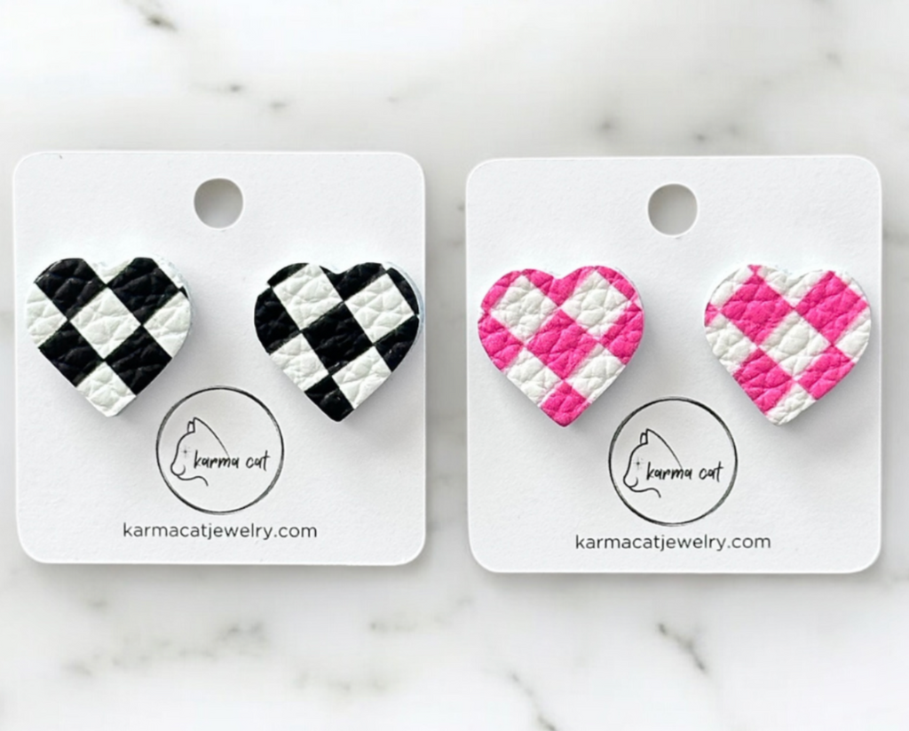 Pink & White Checkered Leather Heart Studs