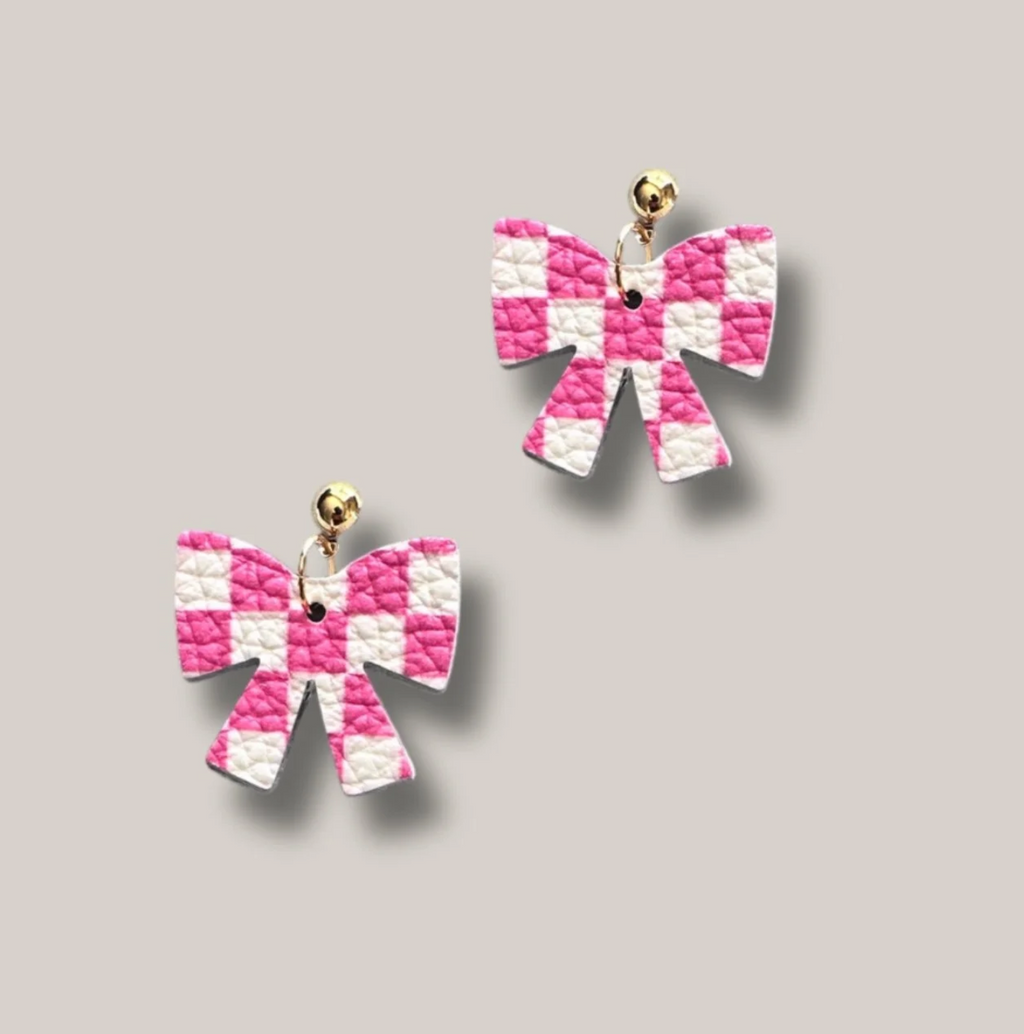 Pink & White Checkered Leather Bow Earrings