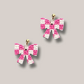 Pink & White Checkered Leather Bow Earrings