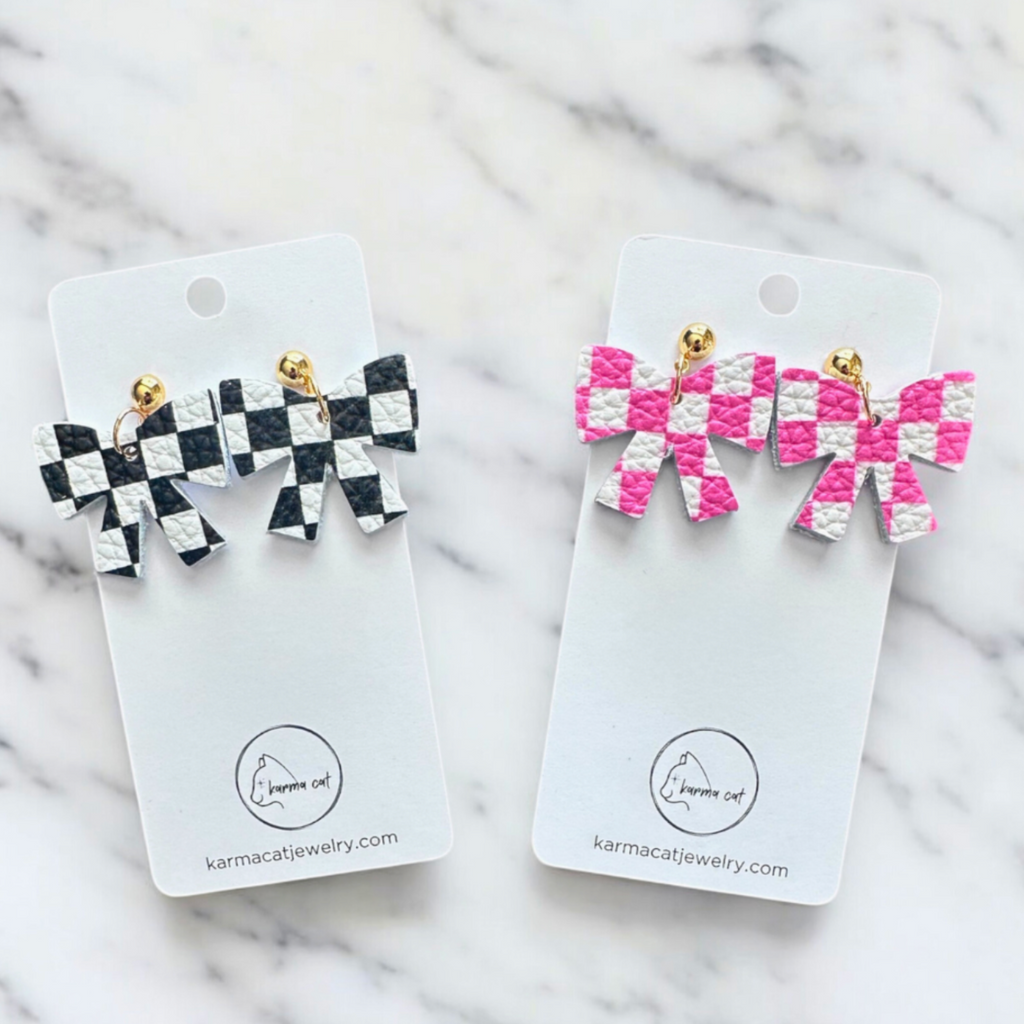 Pink & White Checkered Leather Bow Earrings