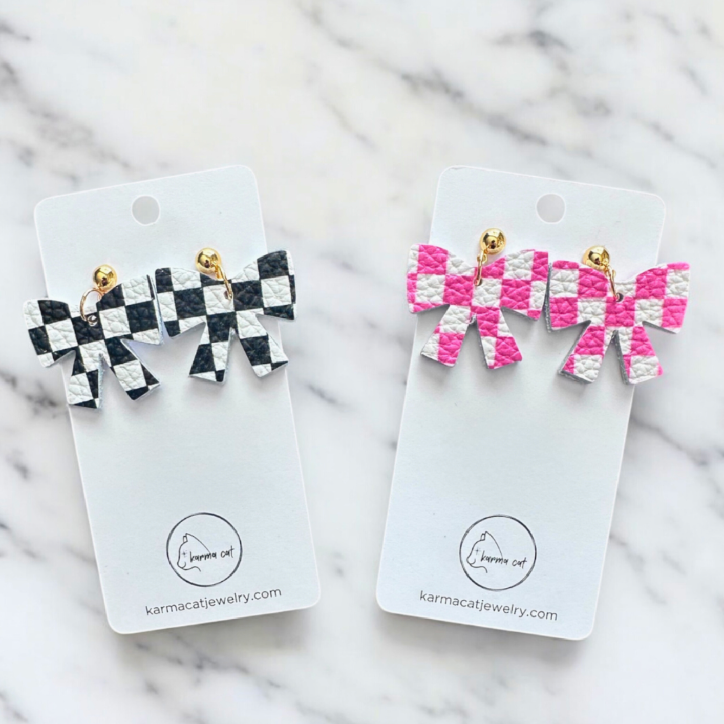 Pink & White Checkered Leather Bow Earrings
