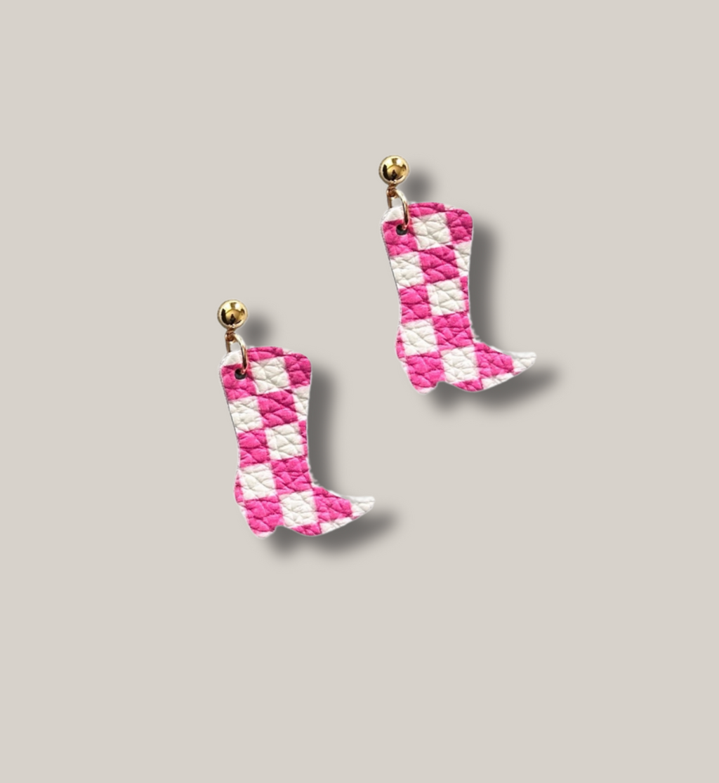 Pink Checkered Cowgirl Boot Earrings