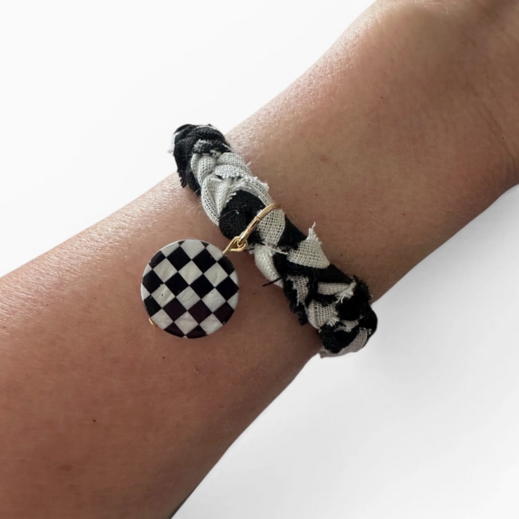Checkered Bandana Bracelet with Checkered Shell Charm