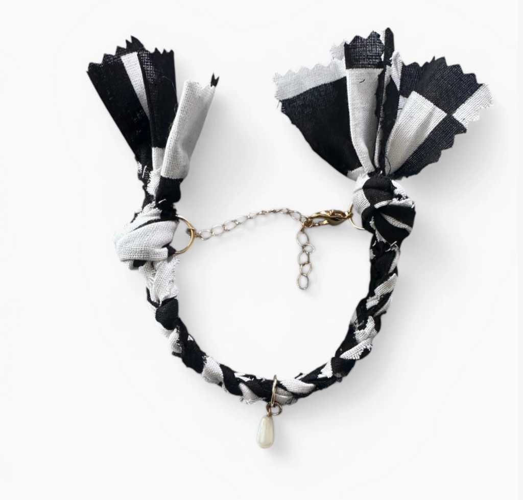 Checkered Bandana Bracelet with Pearl Charm
