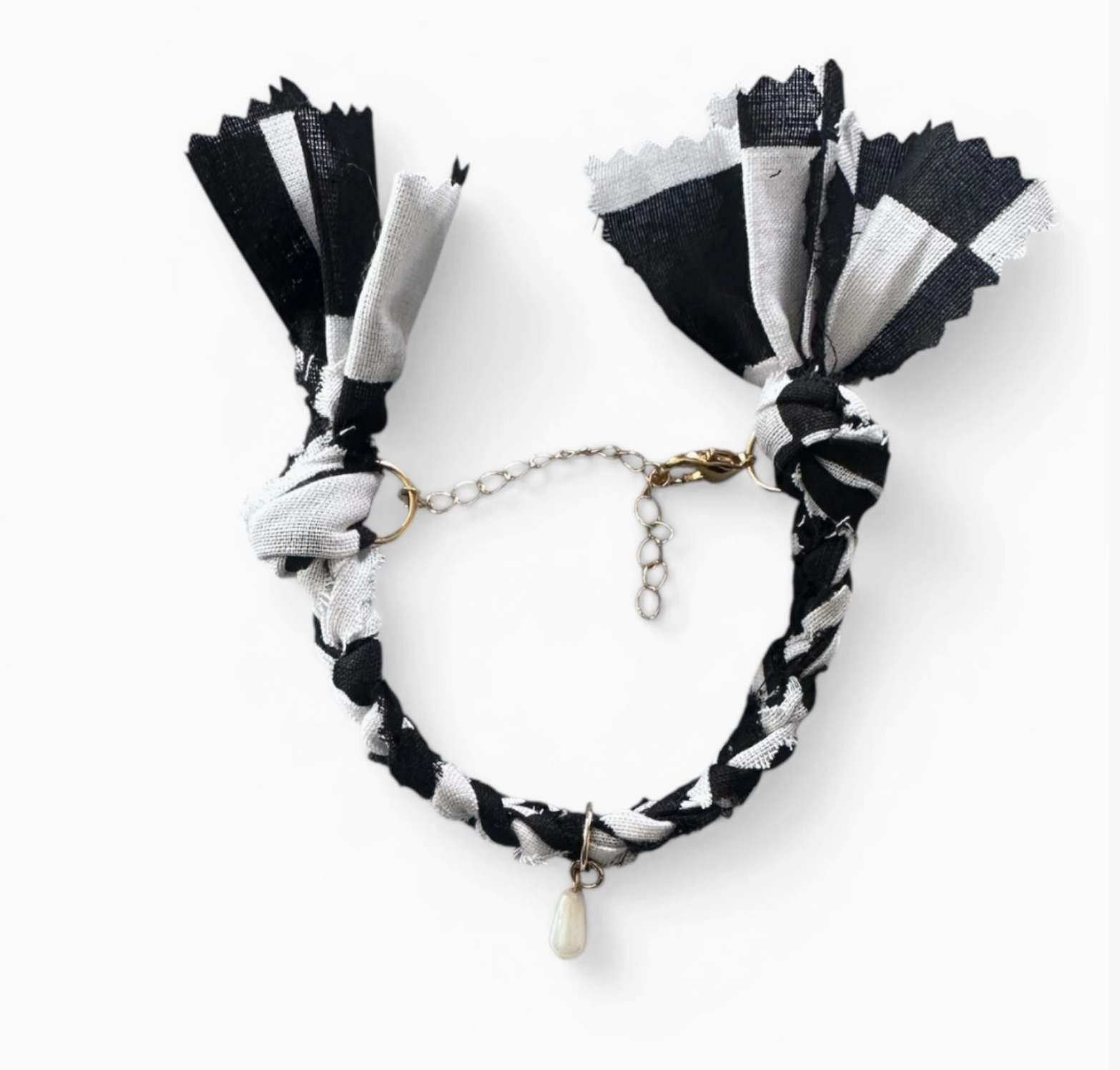 Checkered Bandana Bracelet with Pearl Charm