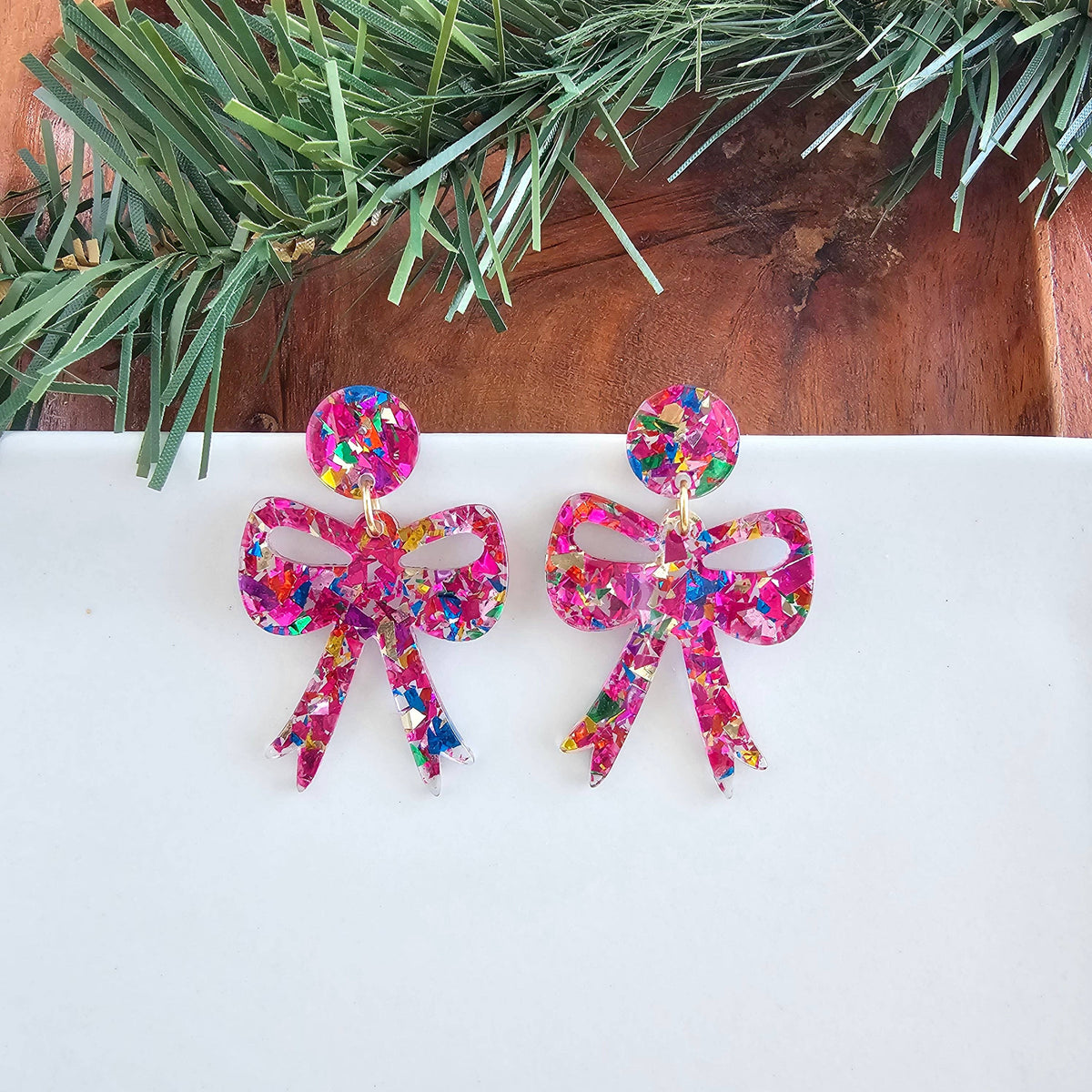 Pink Sparkle Bow Earrings