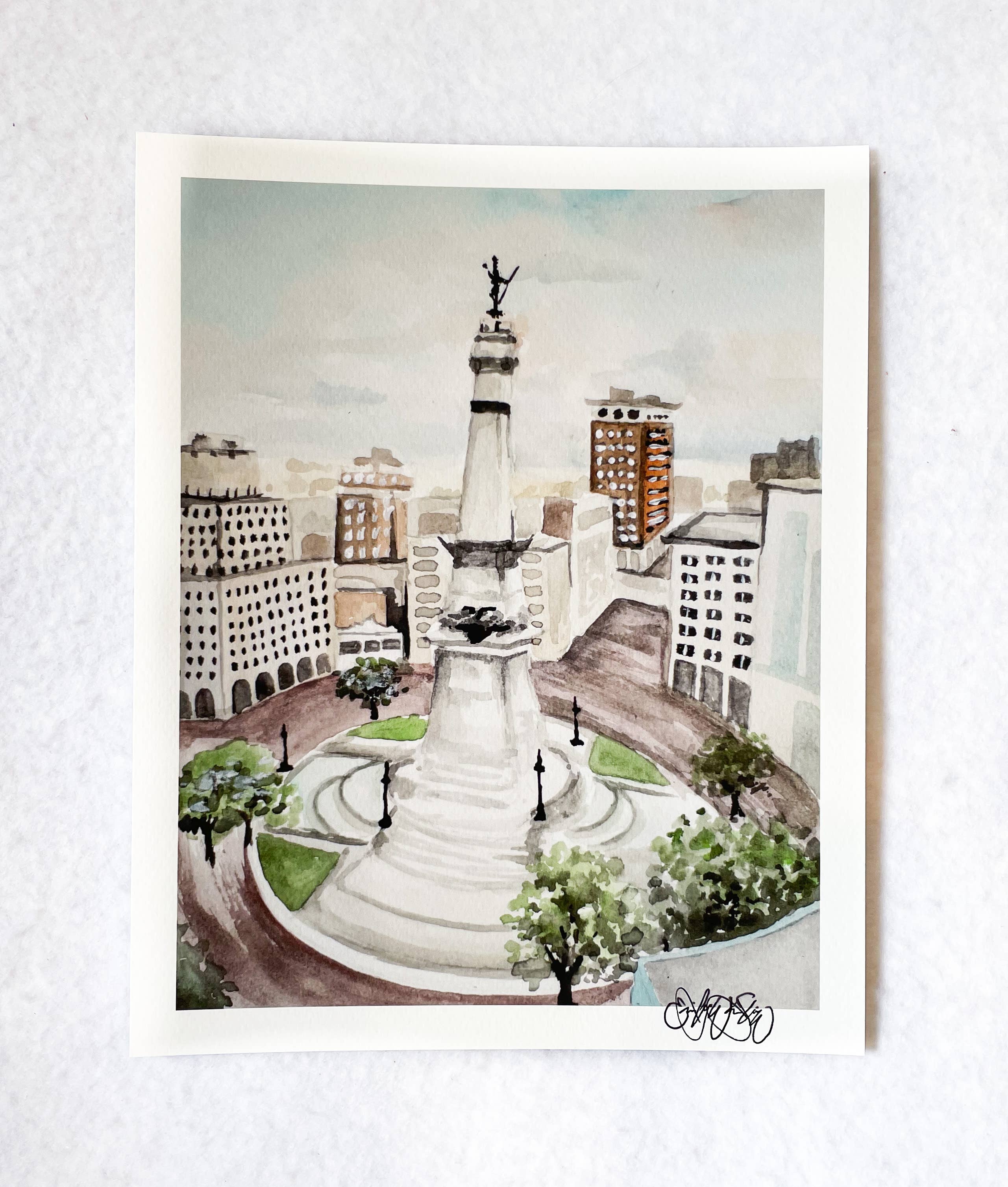 Watercolor Print of Monument Circle in Indianapolis, Indiana