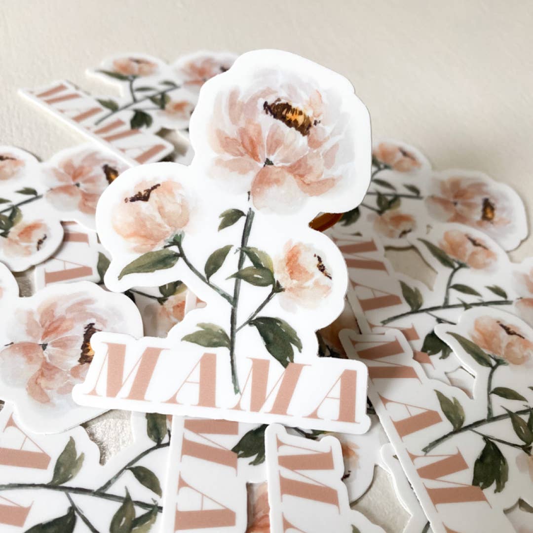 "Mama" Pink Watercolor Peony Waterproof Vinyl Sticker