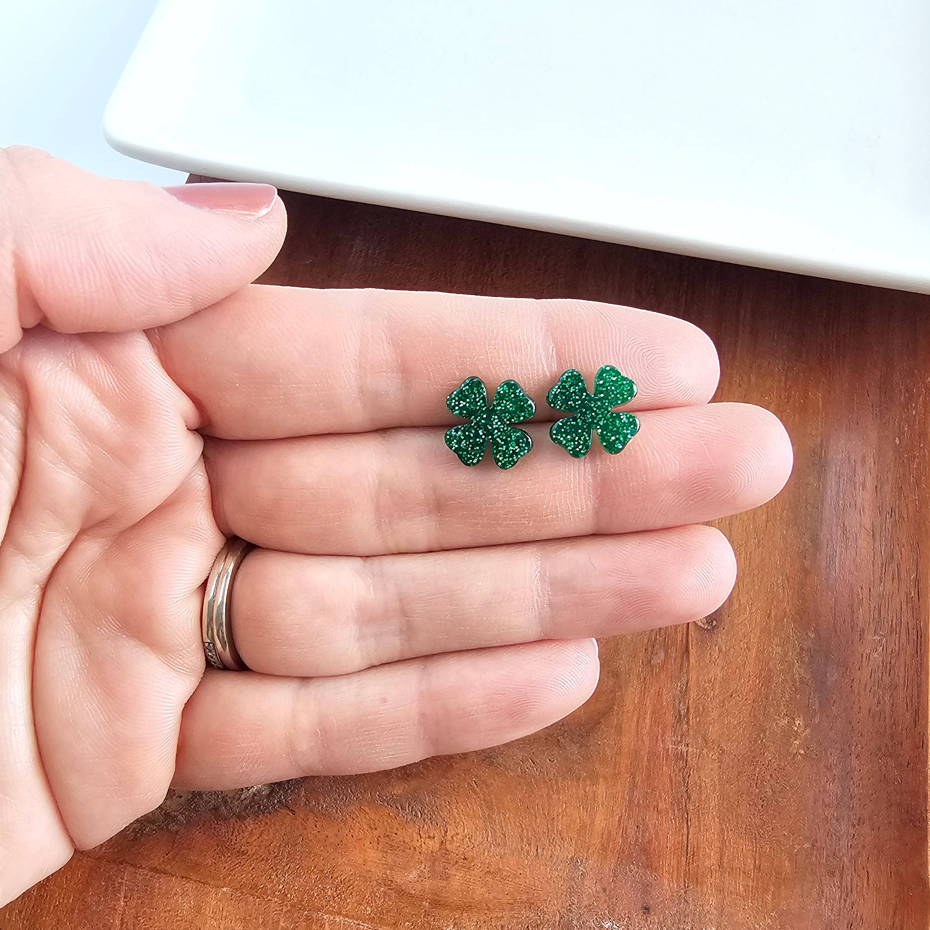 Clover Studs - Green Glitter // St Patrick's Day, Shamrock