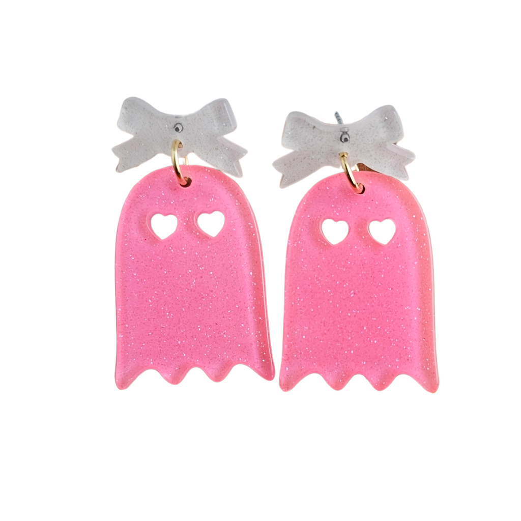 Pink Glitter Bow Ghost Earrings