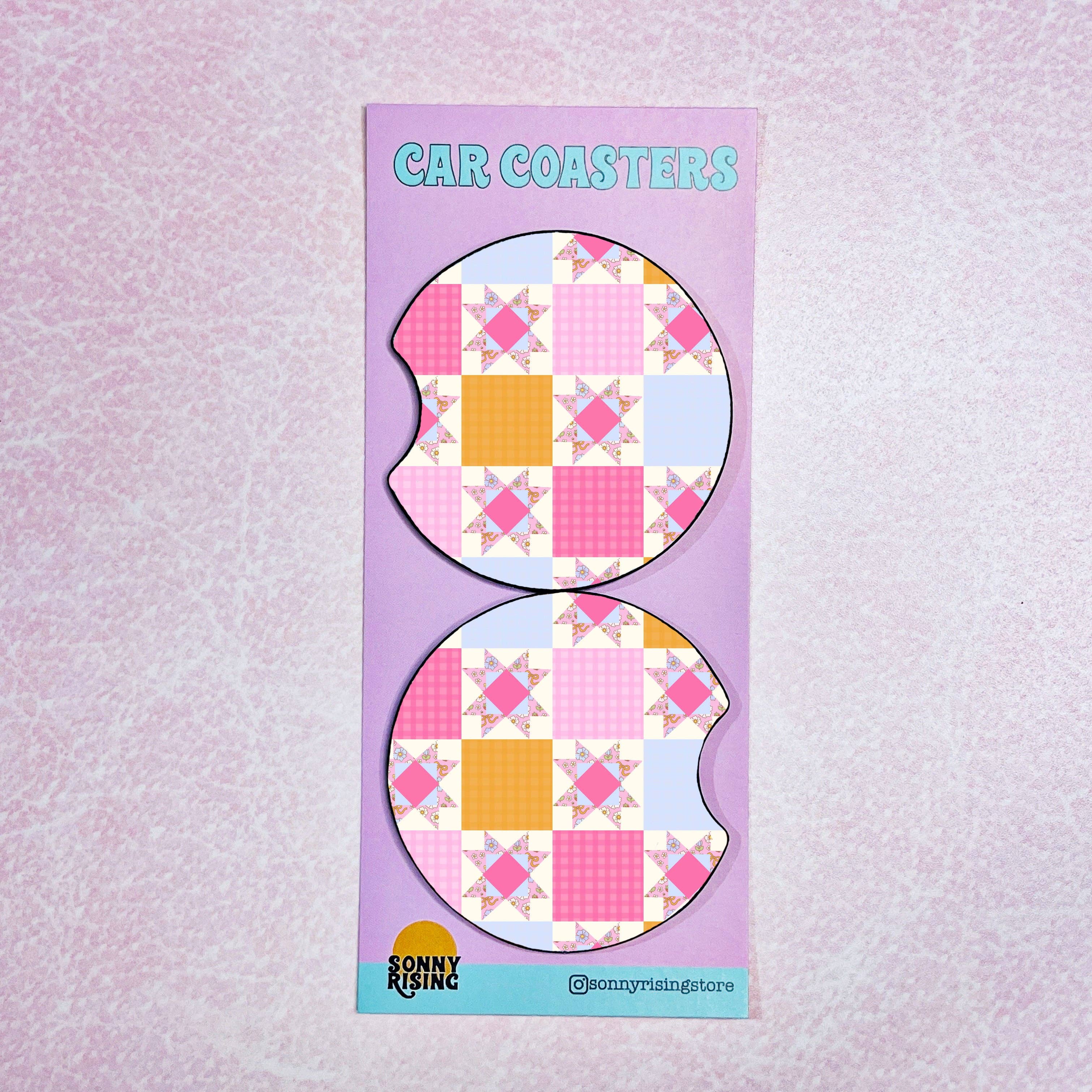 2 Car Coasters - Bright Pink Quilt Pattern