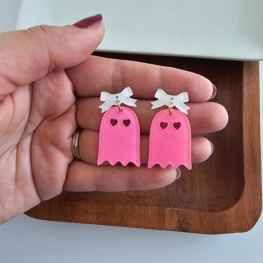 Pink Glitter Bow Ghost Earrings