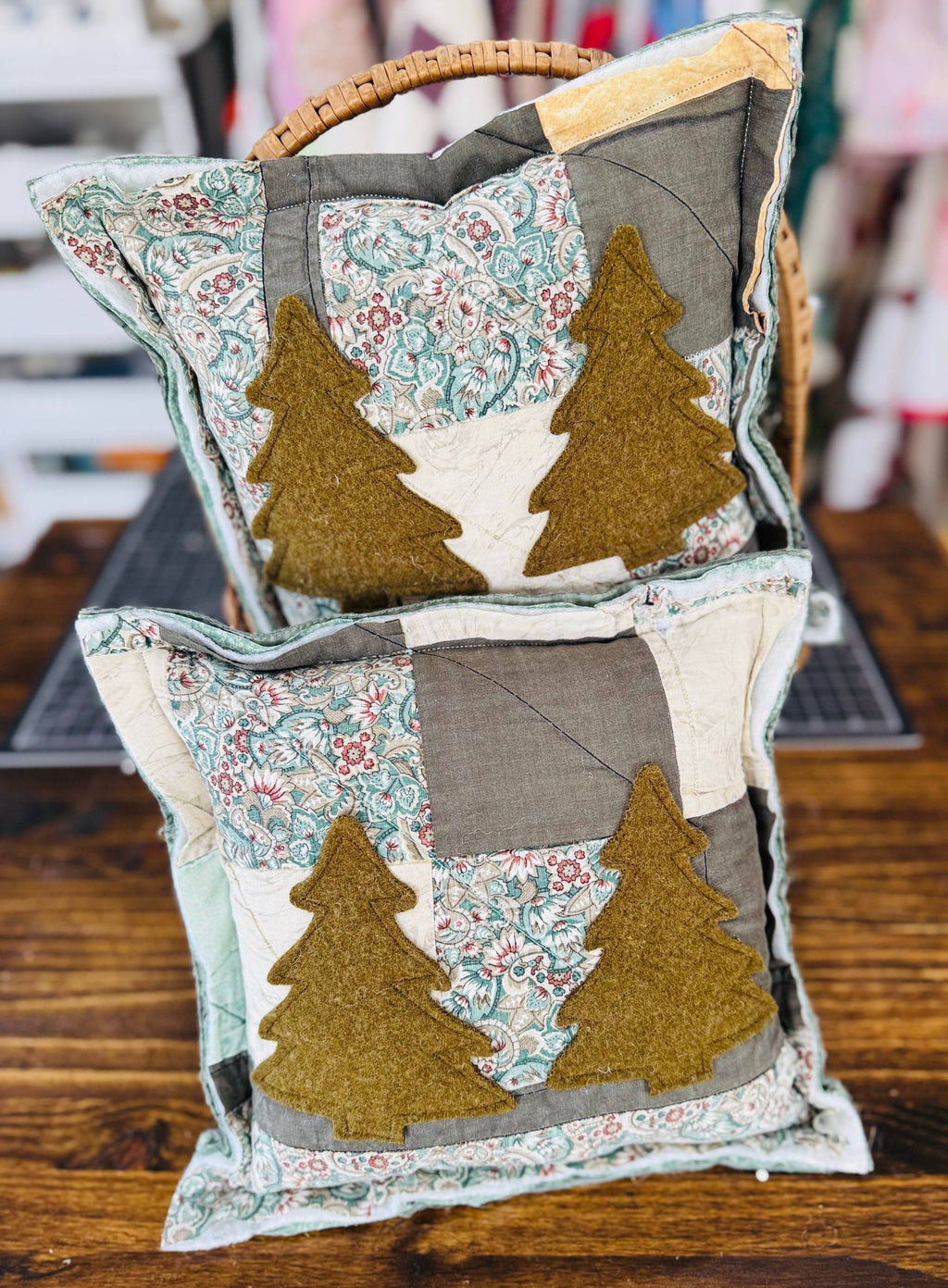 Christmas Pillow Vintage Wool Trees 12x12 Farmhouse Holiday