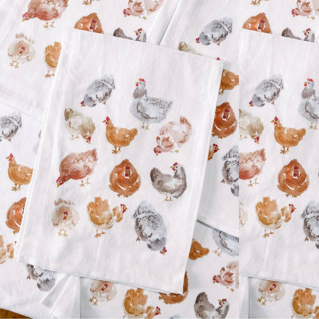 Watercolor Chickens Tea Towel