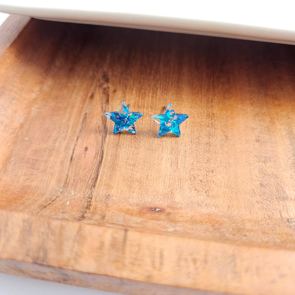Blue Glitter Star Studs