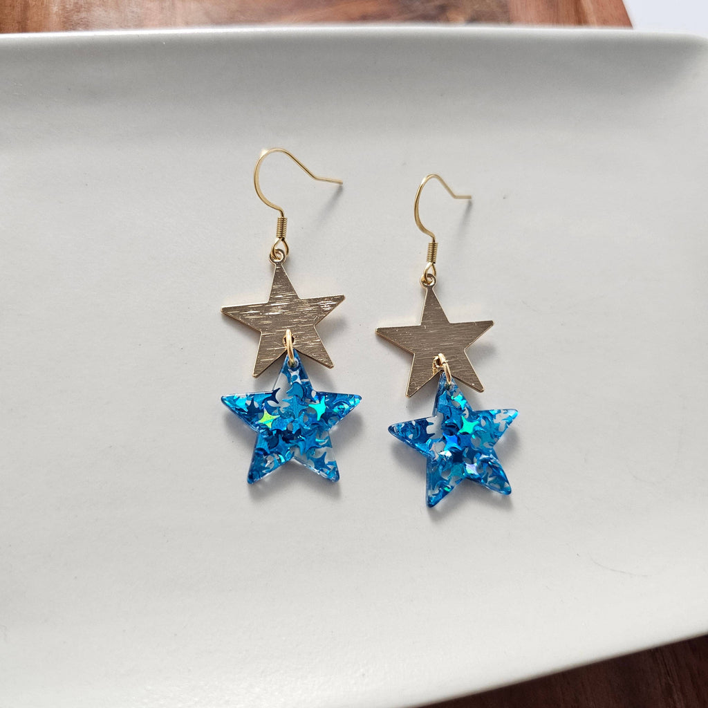 Blue Glitter Starry Earrings