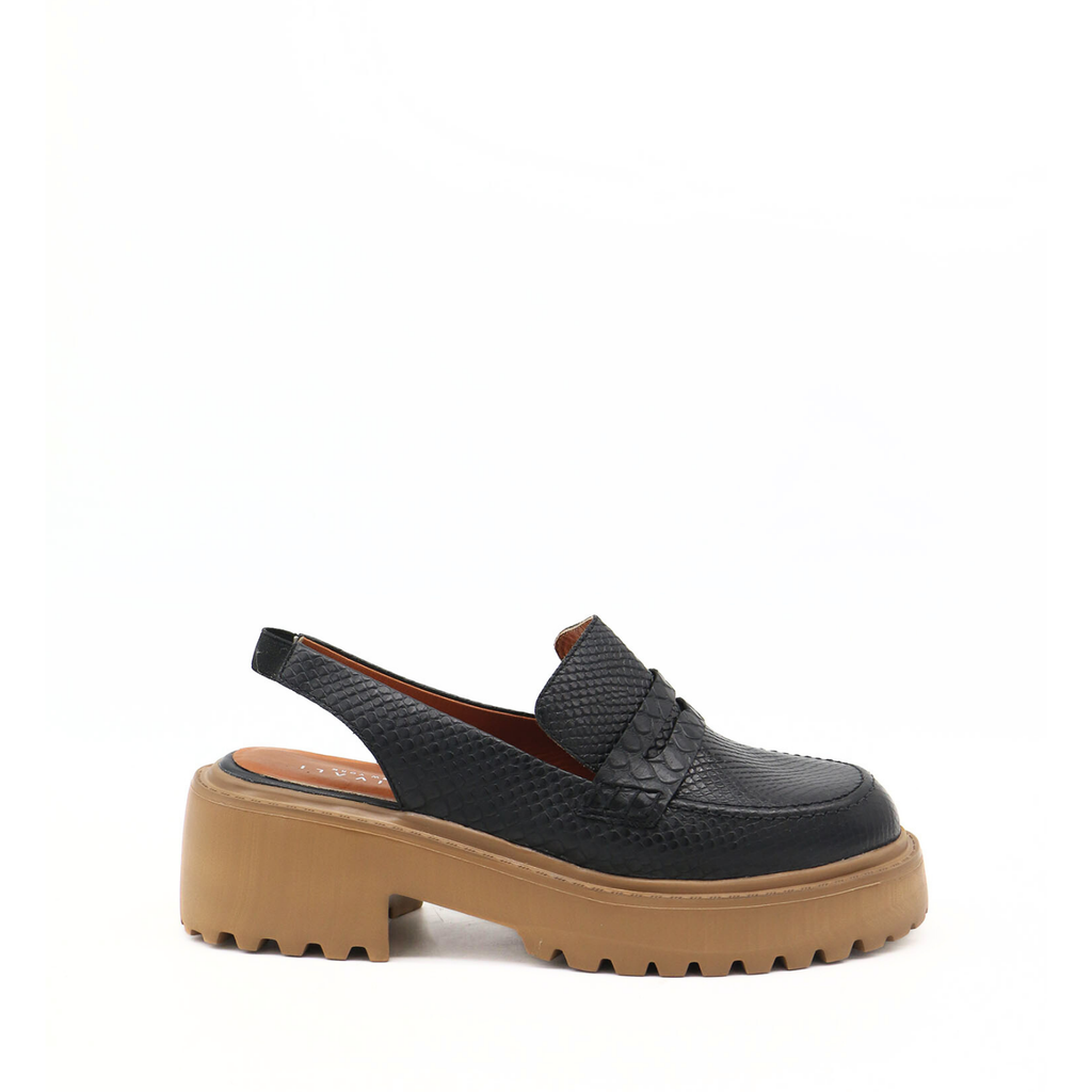Elodie platform mules in black embossed leather