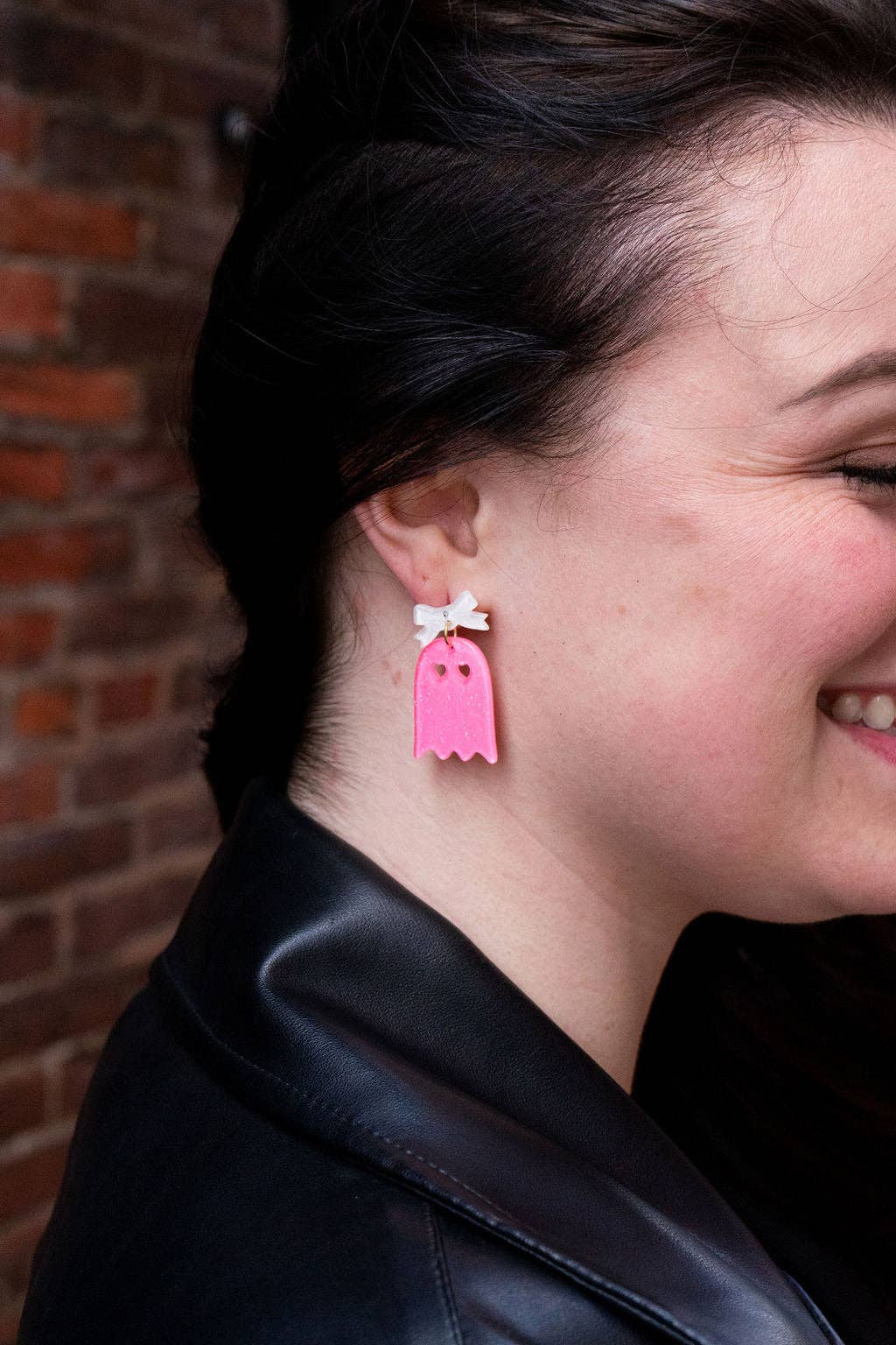 Pink Glitter Bow Ghost Earrings