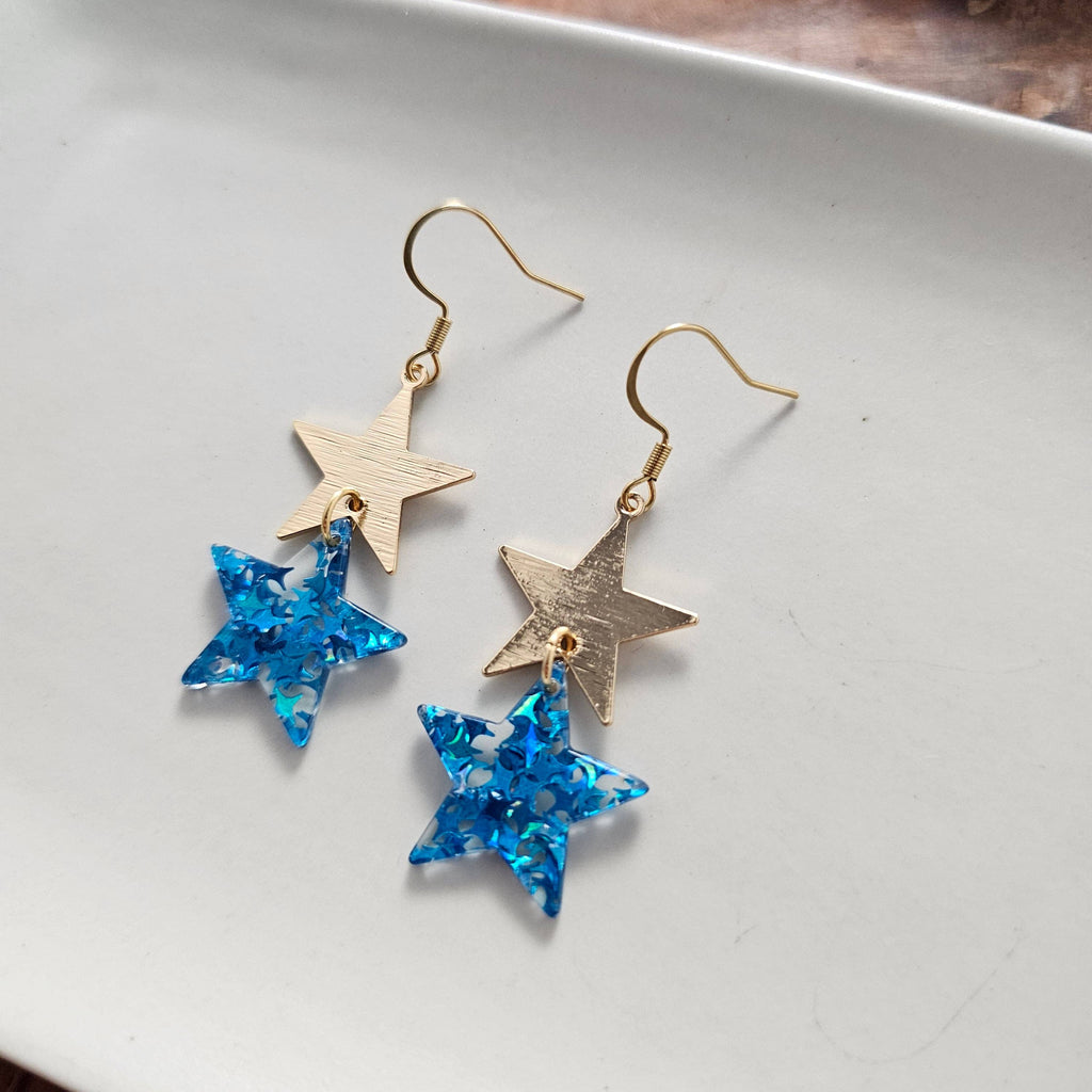 Blue Glitter Starry Earrings