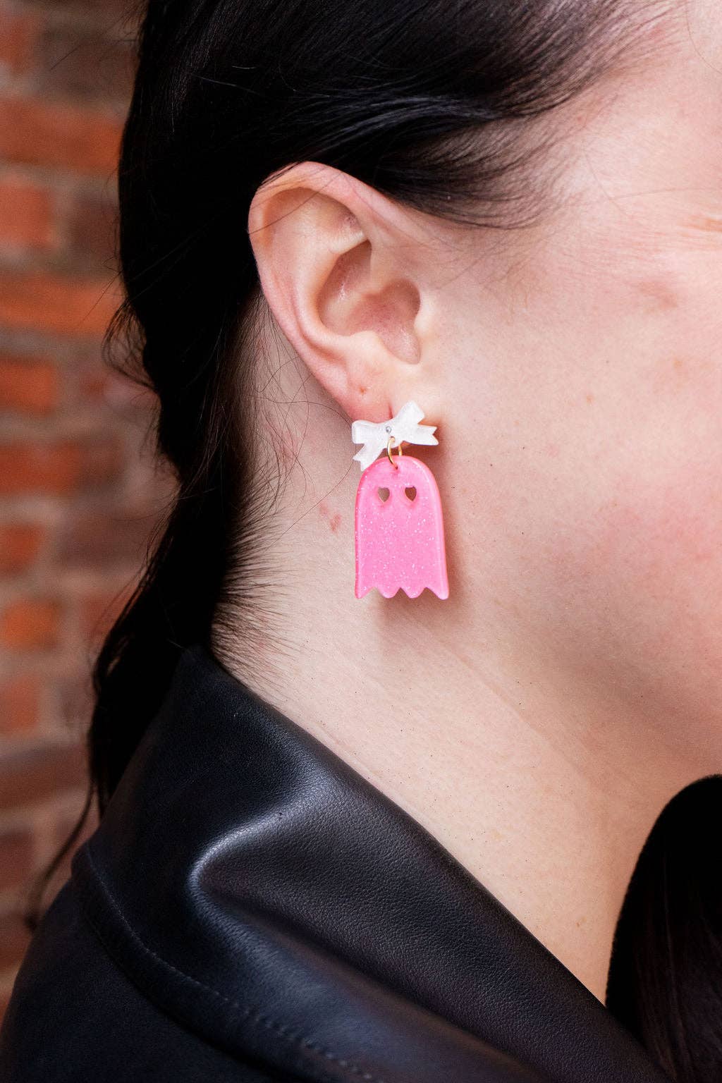 Pink Glitter Bow Ghost Earrings
