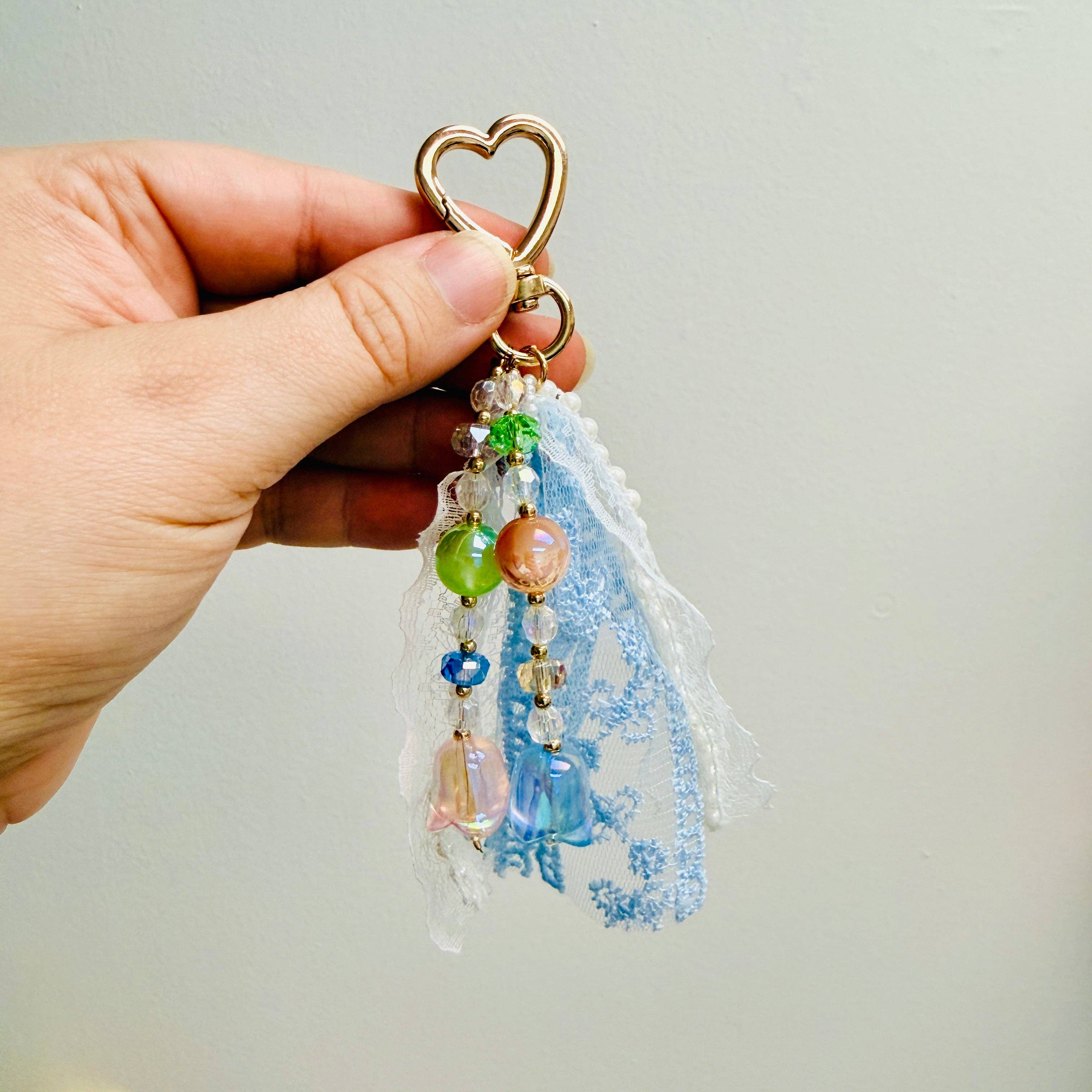 Blue Ribbon Floral Bead Bag Charm